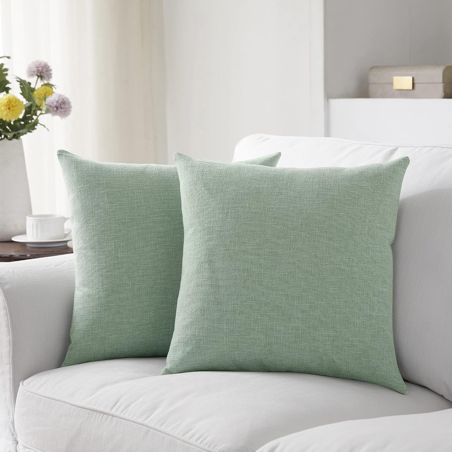 Meekio Juego de 2 fundas de almohada de color verde salvia de 16 x 16 pulgadas, fundas de almohada decorativas de lino con estilo bohemio y
