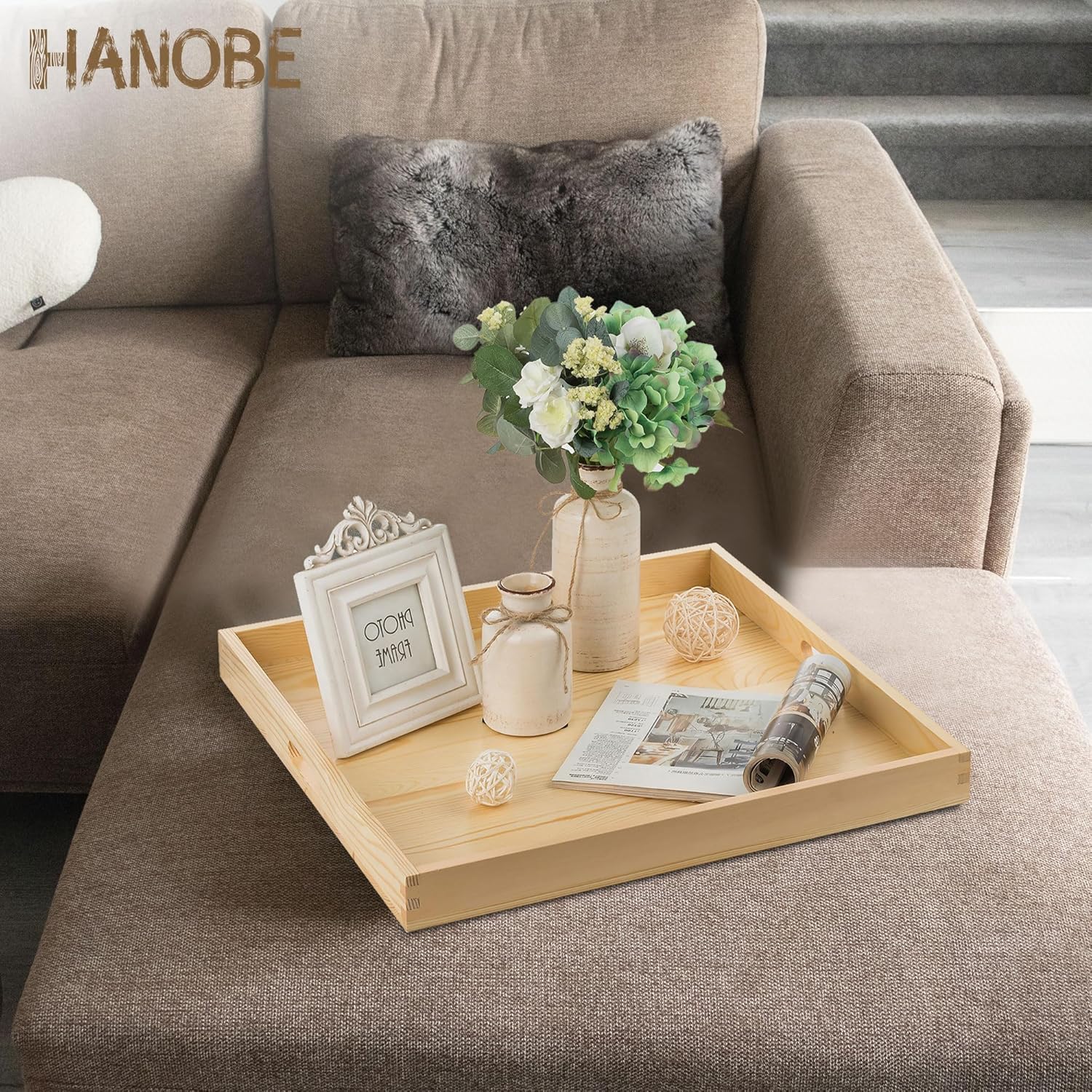 Hanobe Bandeja otomana cuadrada grande bandeja extra grande para servir con asas, bandejas decorativas de madera rústica, mesa auxiliar, decoración