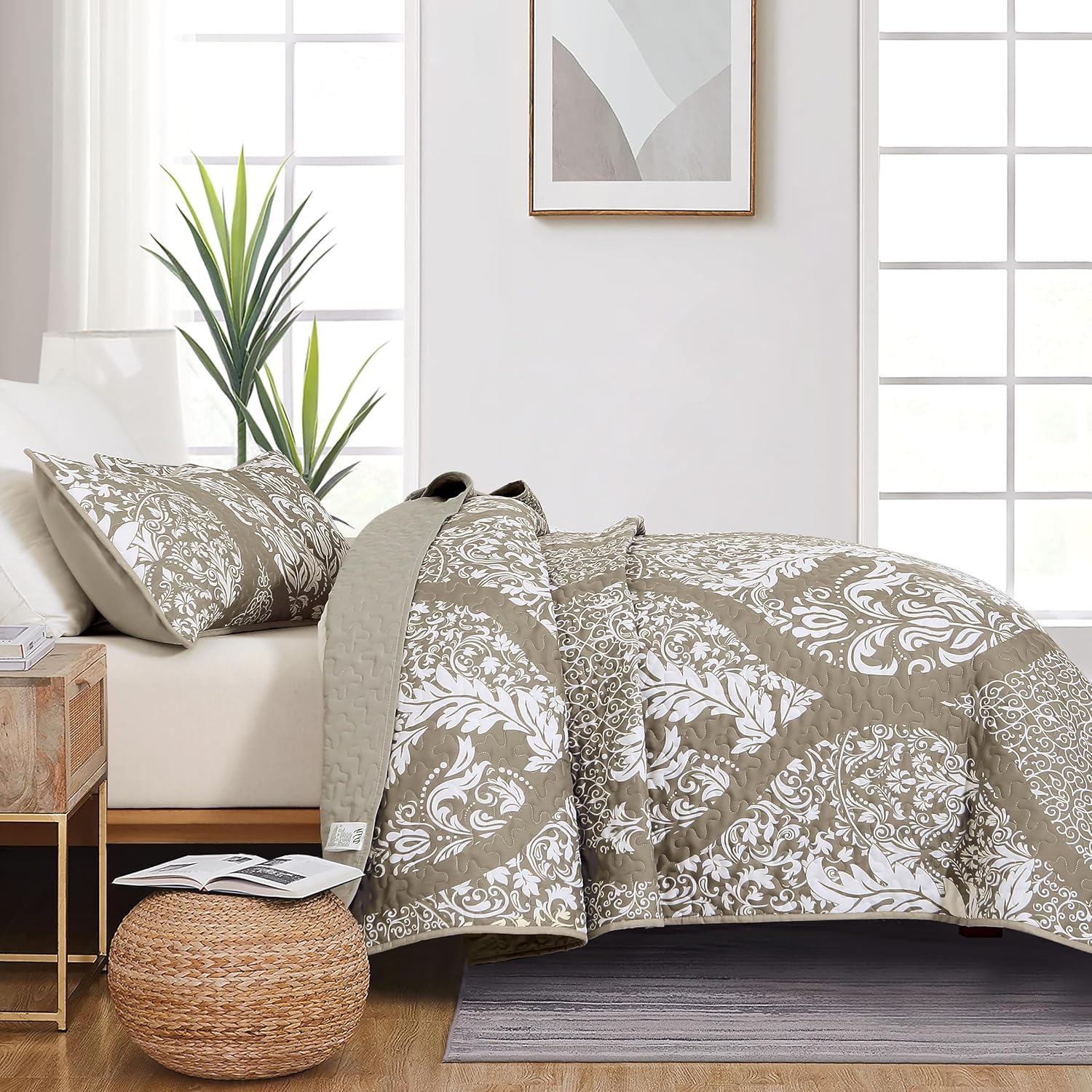 Juego de edredón beige tamaño Queen, juego de colcha bohemia de damasco tostado, juego de ropa de cama de lujo de microfibra suave y ligera de 3