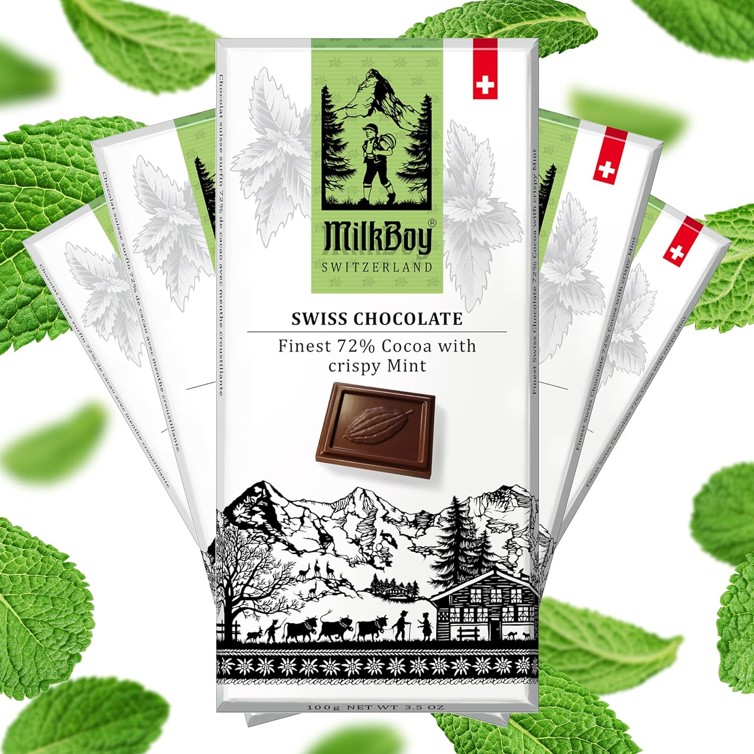 Milkboy Swiss Crispy Mint Dark Chocolates  Barras de chocolate de cacao oscuro 72% naturales  Hecho en Suiza  Sin lácteos  Vegano  Sin gluten  Sin