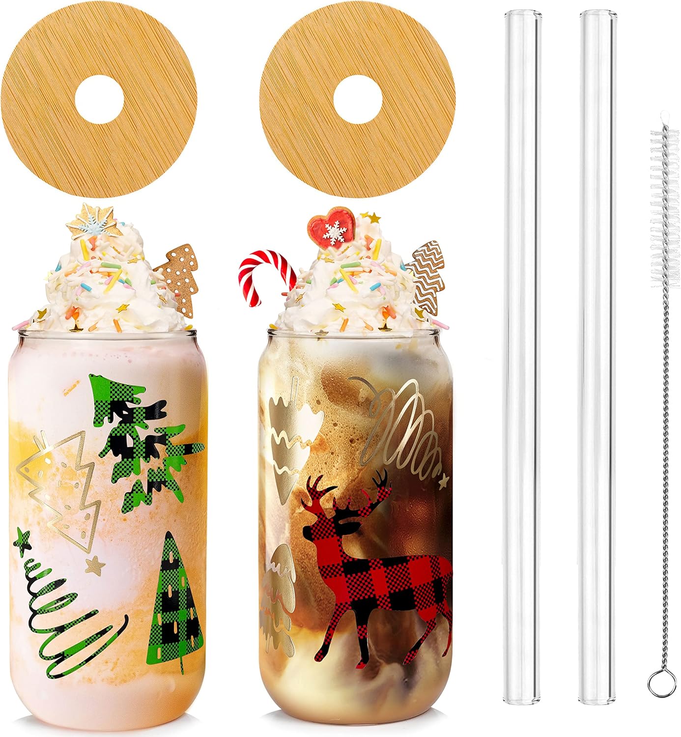 ANOTION Vasos de Navidad, tazas de café de Navidad de 18 onzas, tazas de vidrio con tapa y pajita, vaso colorido para árbol de Navidad, vasos para