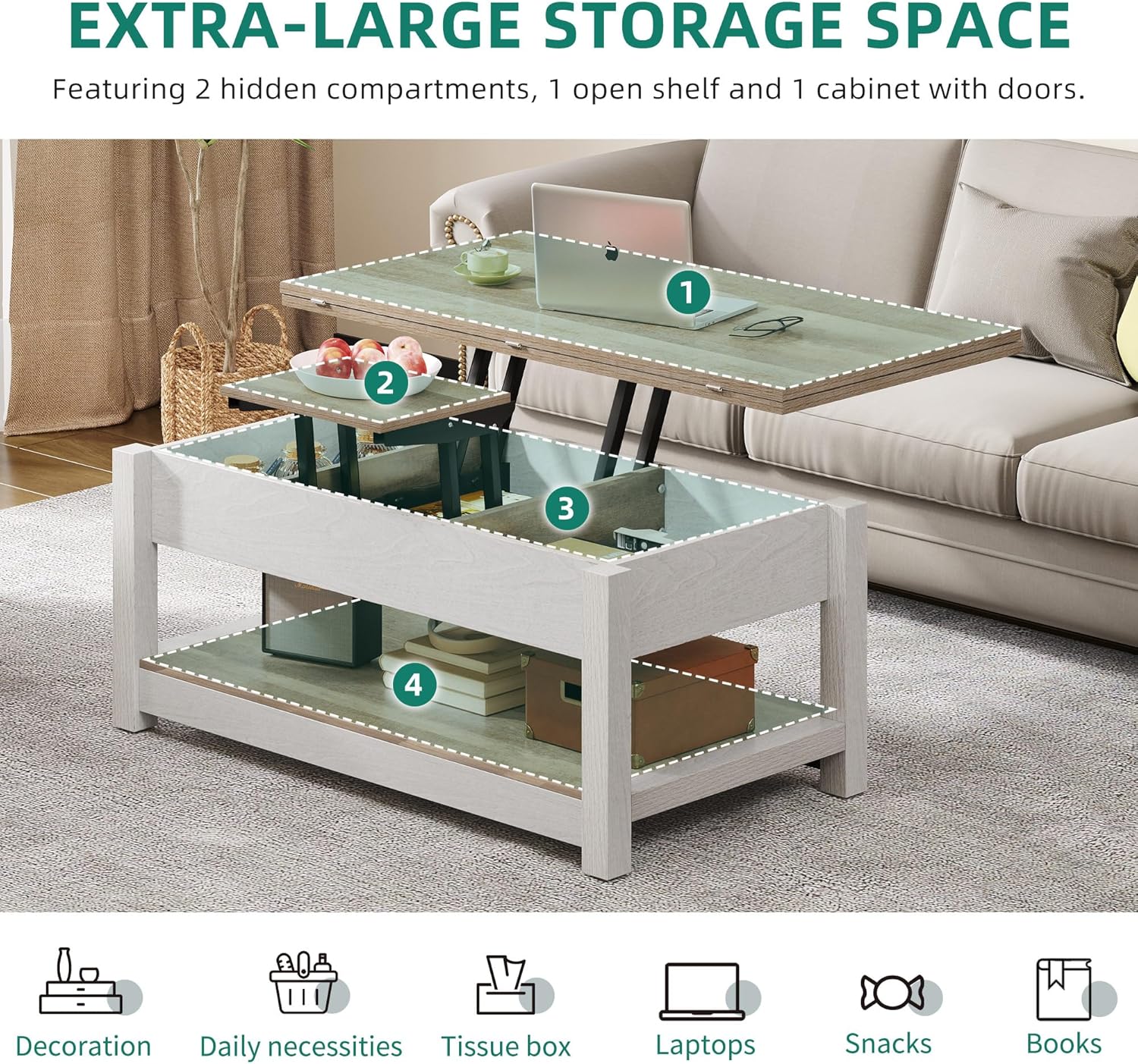 YITAHOME Mesa auxiliar elevable, 3 en 1, multifunción, con almacenamiento para sala de estar, mesa de comedor moderna de granja para sala de