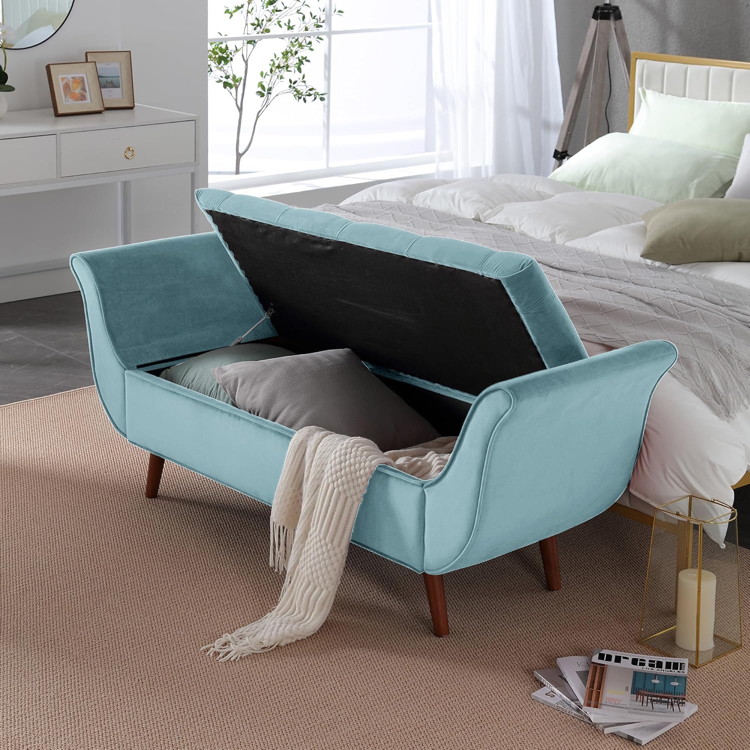 RXRRXY Banco de almacenamiento de terciopelo para dormitorio, banco de cama con otomana, bancos tapizados con botones capitoné tamaño King con