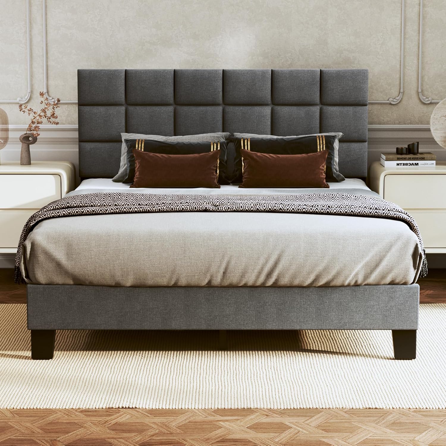 Base de cama tamaño matrimonial tapizada con cabecero ajustable de tela de lino, cabecera capitonada de tela de lino, soporte de listones de madera,