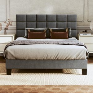 Base de cama tamaño matrimonial tapizada con cabecero ajustable de tela de lino, cabecera capitonada de tela de lino, soporte de listones de madera, Base de cama tamaño matrimonial tapizada con cabecero ajustable de tela de lino, cabecera capitonada de tela de lino, soporte de listones de madera,