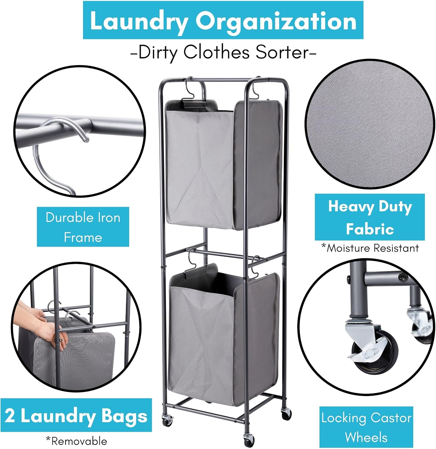 BIRDROCK HOME Clasificador vertical de 2 niveles para ropa sucia – Gris – Carrito con secciones de cesta dobles – Cuatro ruedas – Bolsas de ropa