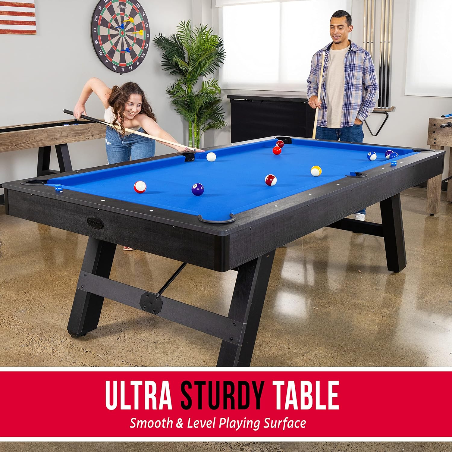 GoSports 8 ft Pool Table with Wood Finish – Modern Billiards Table with 2 Cue Sticks, Balls, Rack, Felt Brush and Chalk