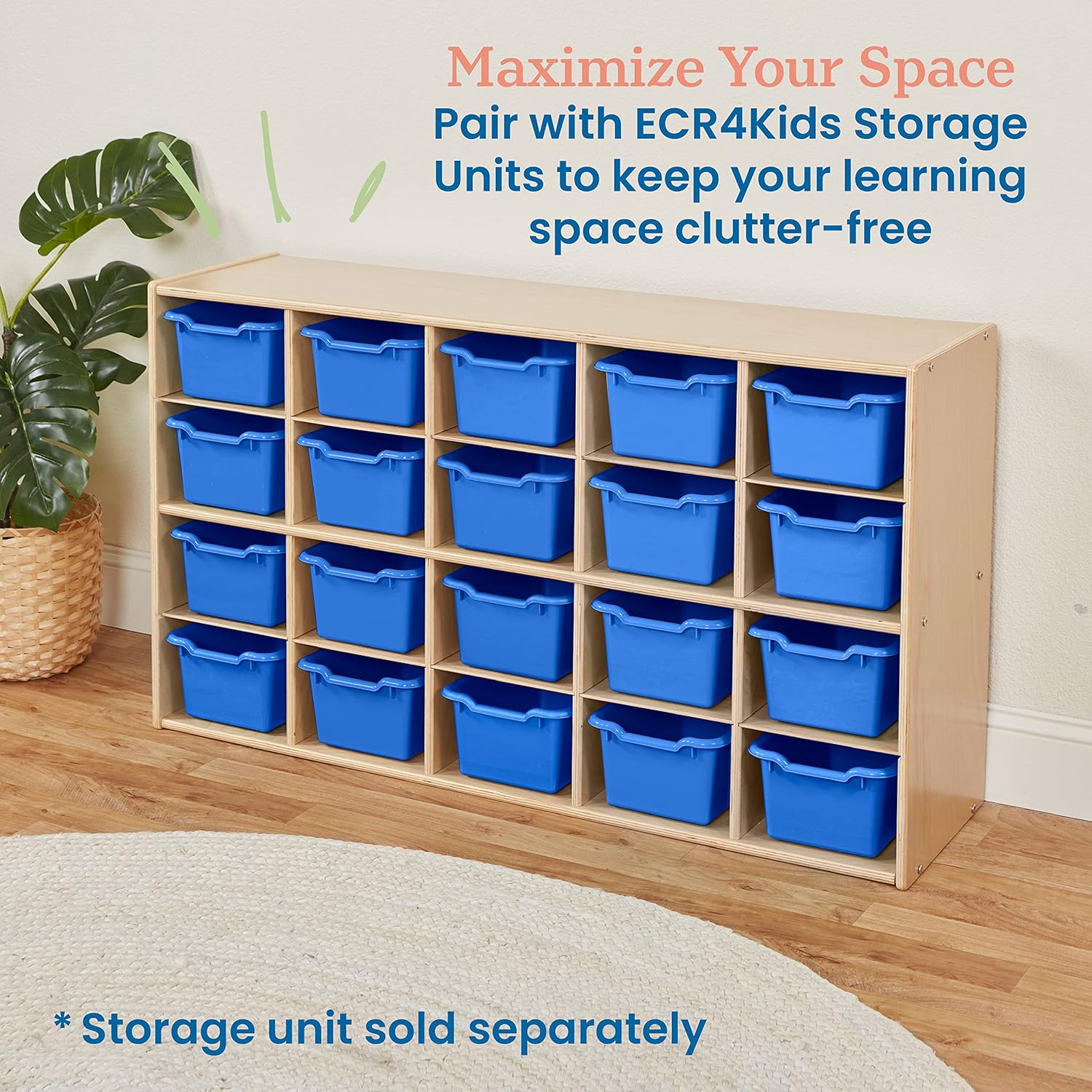 ECR4Kids Cubo de almacenamiento frontal con cucharada, organización multiusos, azul, 20 piezas