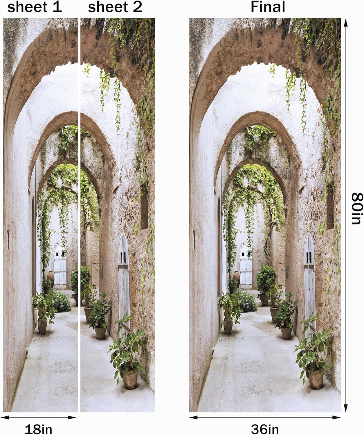 FLFK Calcomanía para puerta  Pasillo en forma de arco, mural para despegar y pegar, tamaño combinado 36 x 80 pulgadas, dividido en 2 piezas
