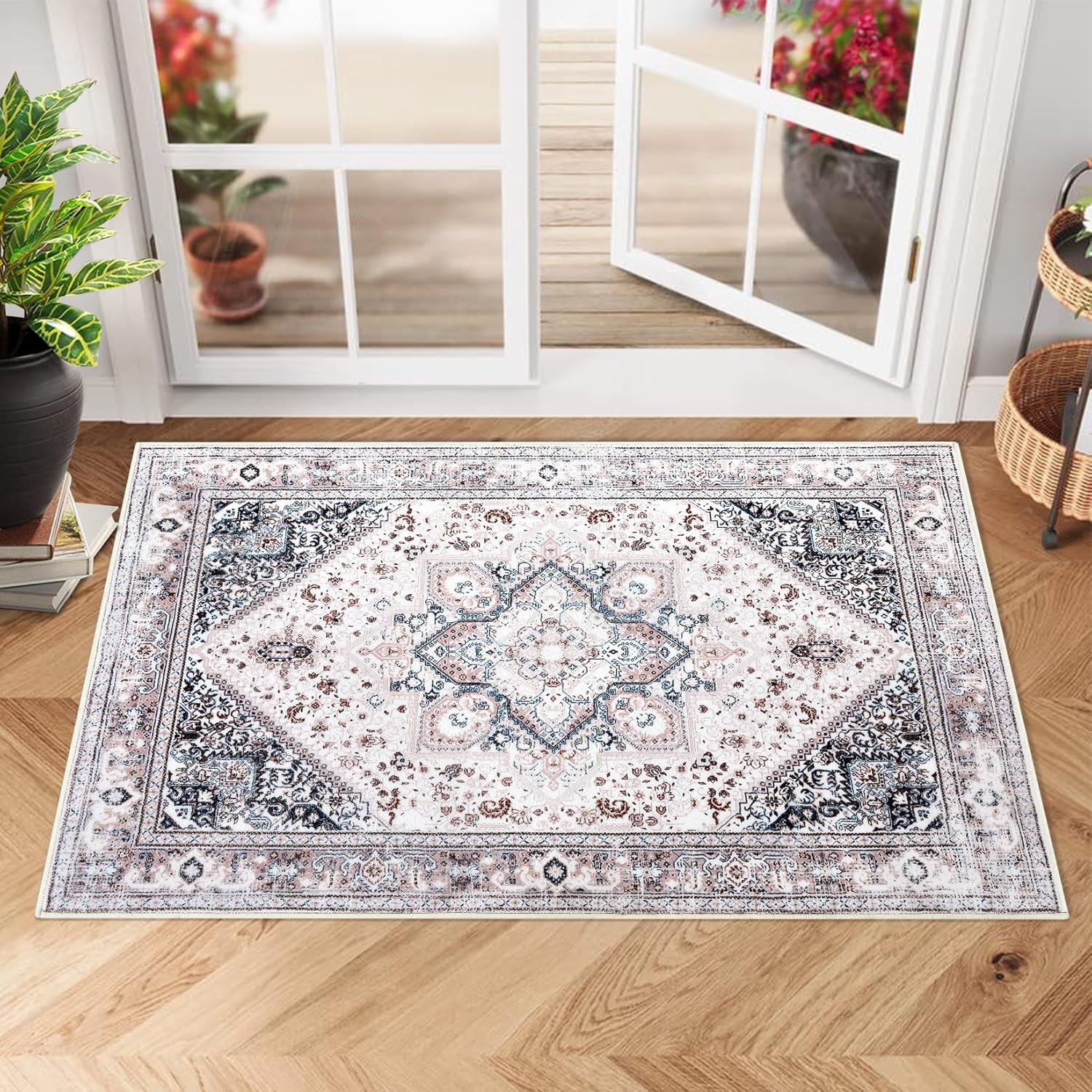 Zacoo Tapete para puerta de interior de 2 x 3 pies, estilo bohemio, tribal oriental, tapete envejecido, pequeño, para entrada, cocina,