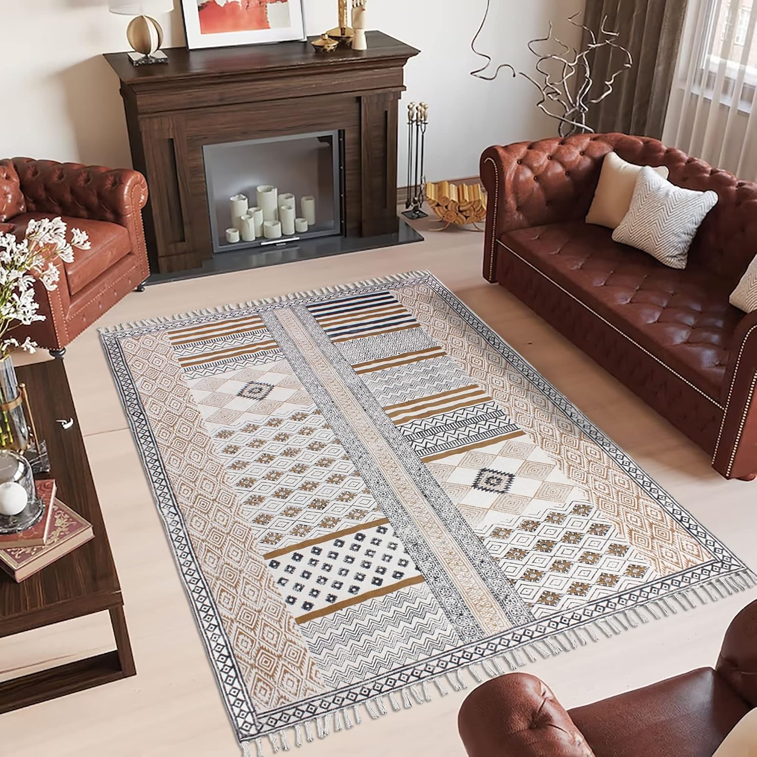 Collection – Alfombra rectangular de 5 x 8 pies, color marrón y negro, de algodón, diseño geométrico Dhurrie, para interiores y exteriores, para
