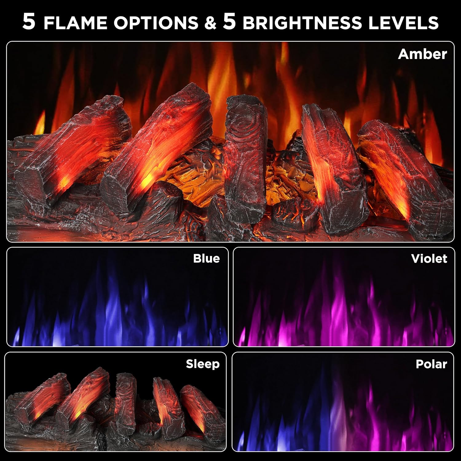 TURBRO Eternal Flame – Calentador eléctrico de cuarzo infrarrojo WiFi de 30 pulgadas con sonido crujiente, troncos de madera de pino realistas,