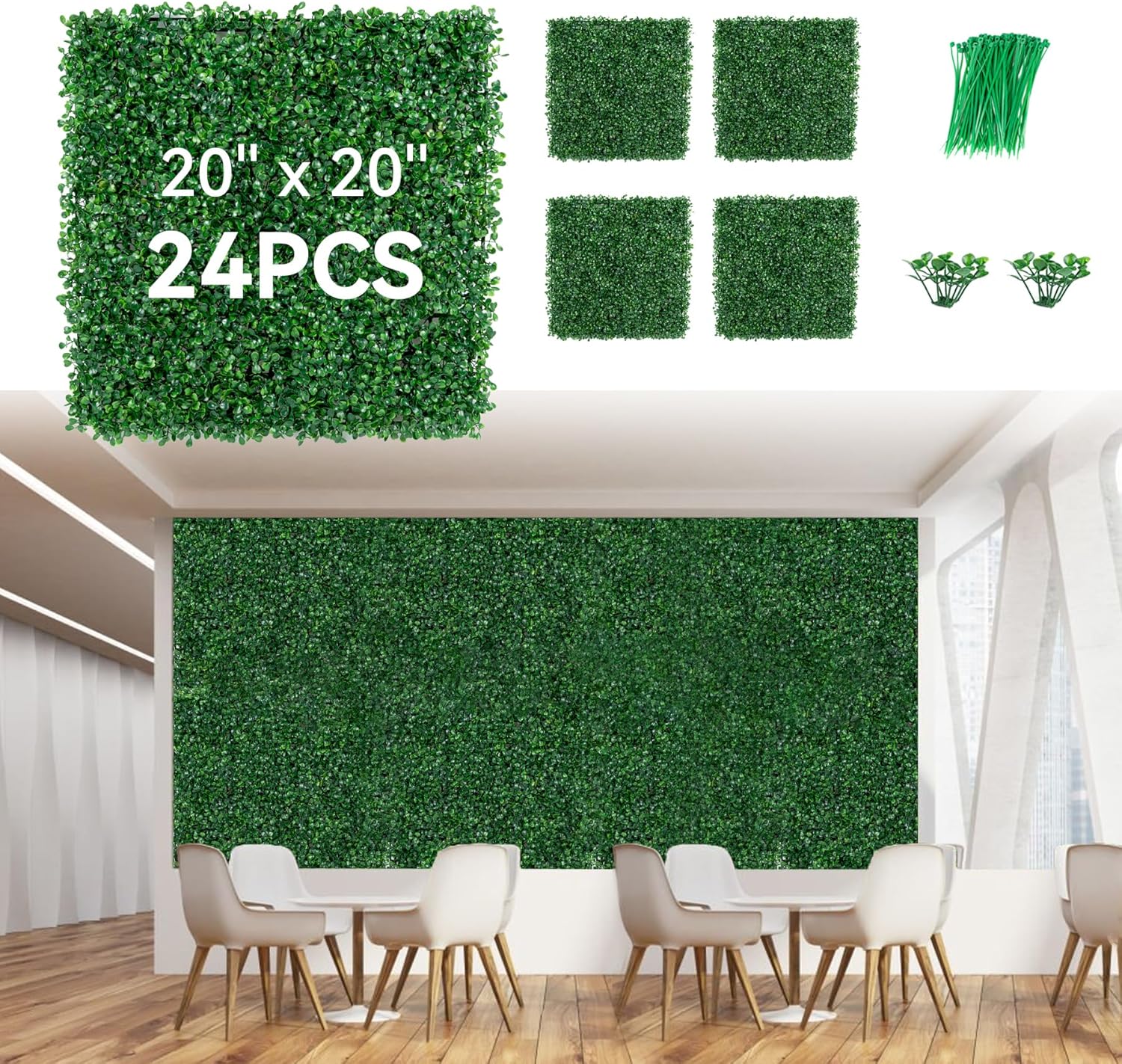 24 paneles de fondo de pared de césped de 20 x 20 pulgadas con lazos de cremallera, paneles de césped artificial de boj para pared de jardín y
