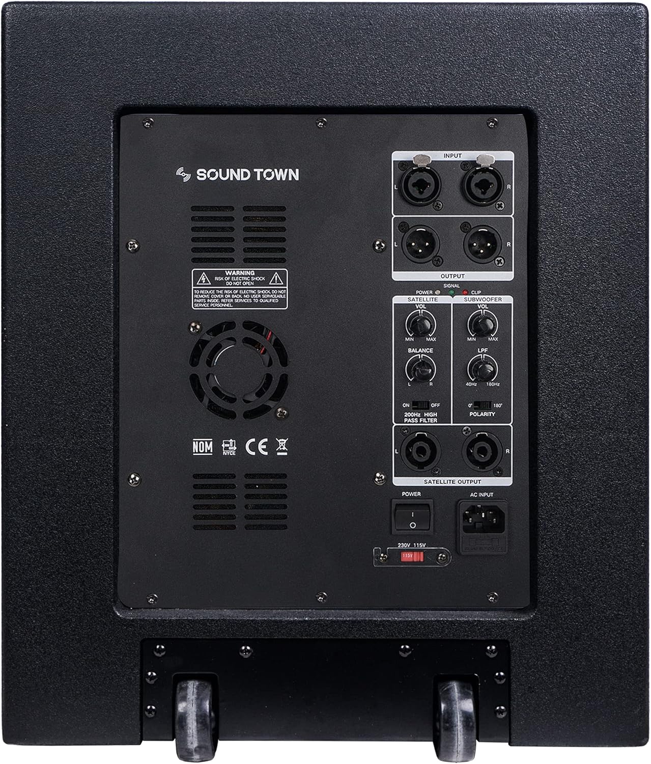 Sound Town Paquete de 2 subwoofers PA DJ de 15 pulgadas y 1600 vatios con salidas de altavoz, carcasa de madera contrachapada y ruedas, color negro