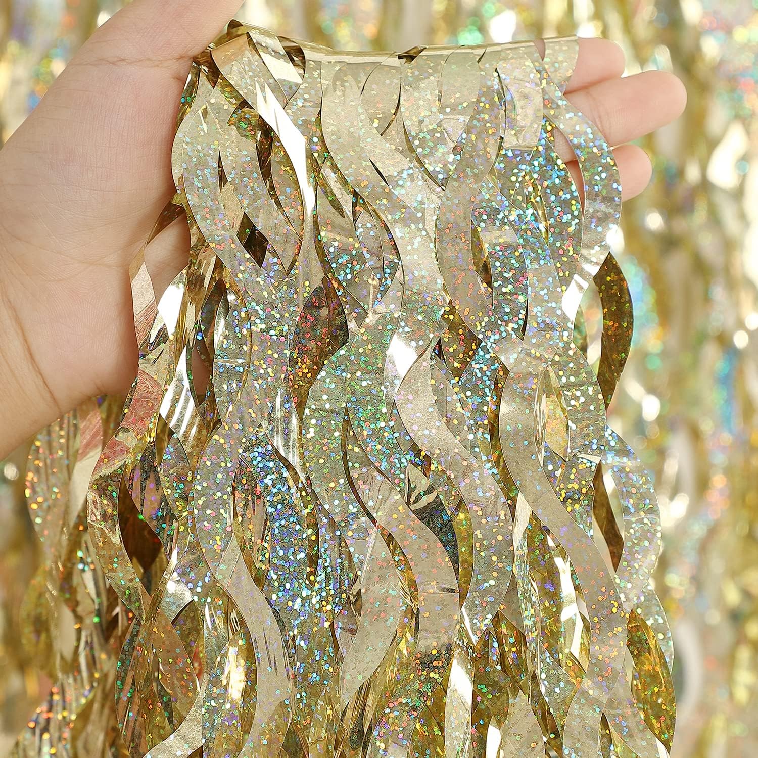 Telón de fondo de flecos de papel de aluminio dorado champán, paquete de 3 cortinas de fondo de 3.3 pies x 6.6 pies para decoración de fiesta de