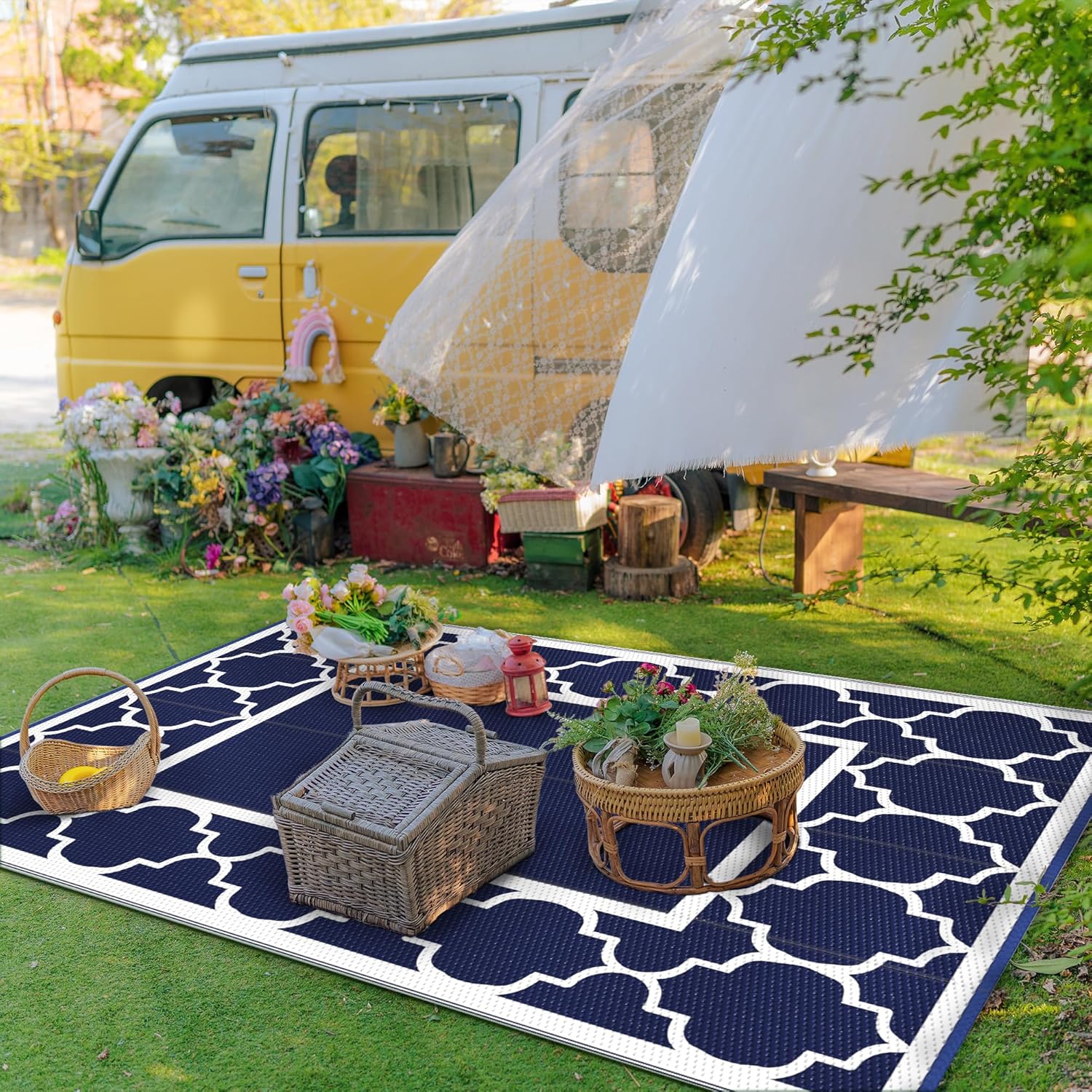 GENIMO – Alfombra para exteriores de 9 x 12 pies, para patio, reversible, de plástico, impermeable, para caravana, alfombra para grandes espacios,