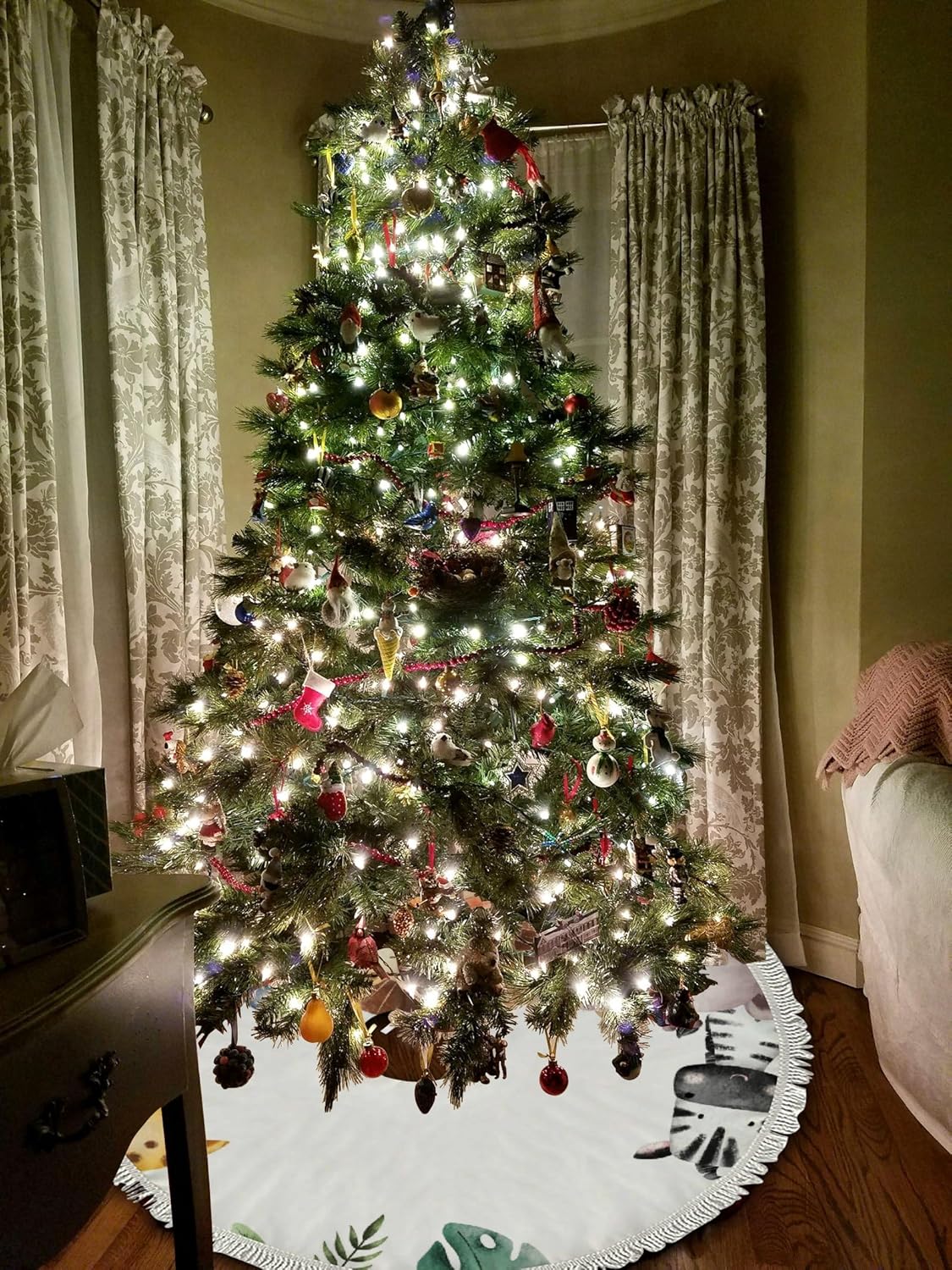 Decoración de Navidad pequeña de 30 pulgadas, tapete de falda para árbol de Navidad, acuarela, safari, animales, decoraciones para fiestas de