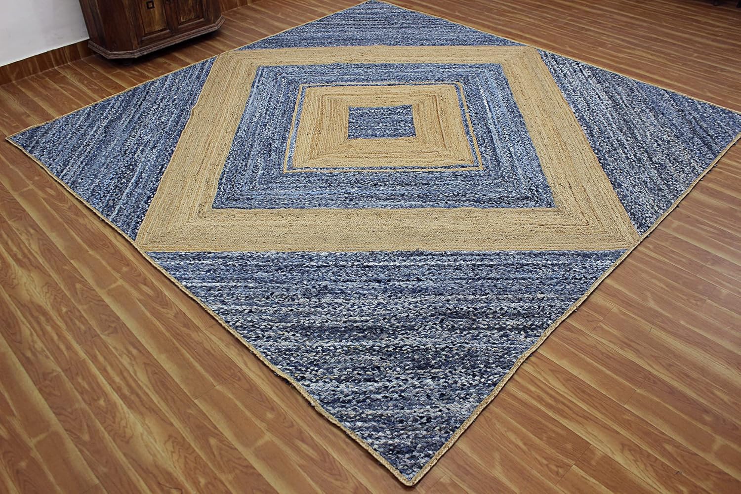 Collection – Alfombra rectangular de 6 x 9 pies, alfombra trenzada azul de algodón y yute, alfombra geométrica kilim para interiores y exteriores,