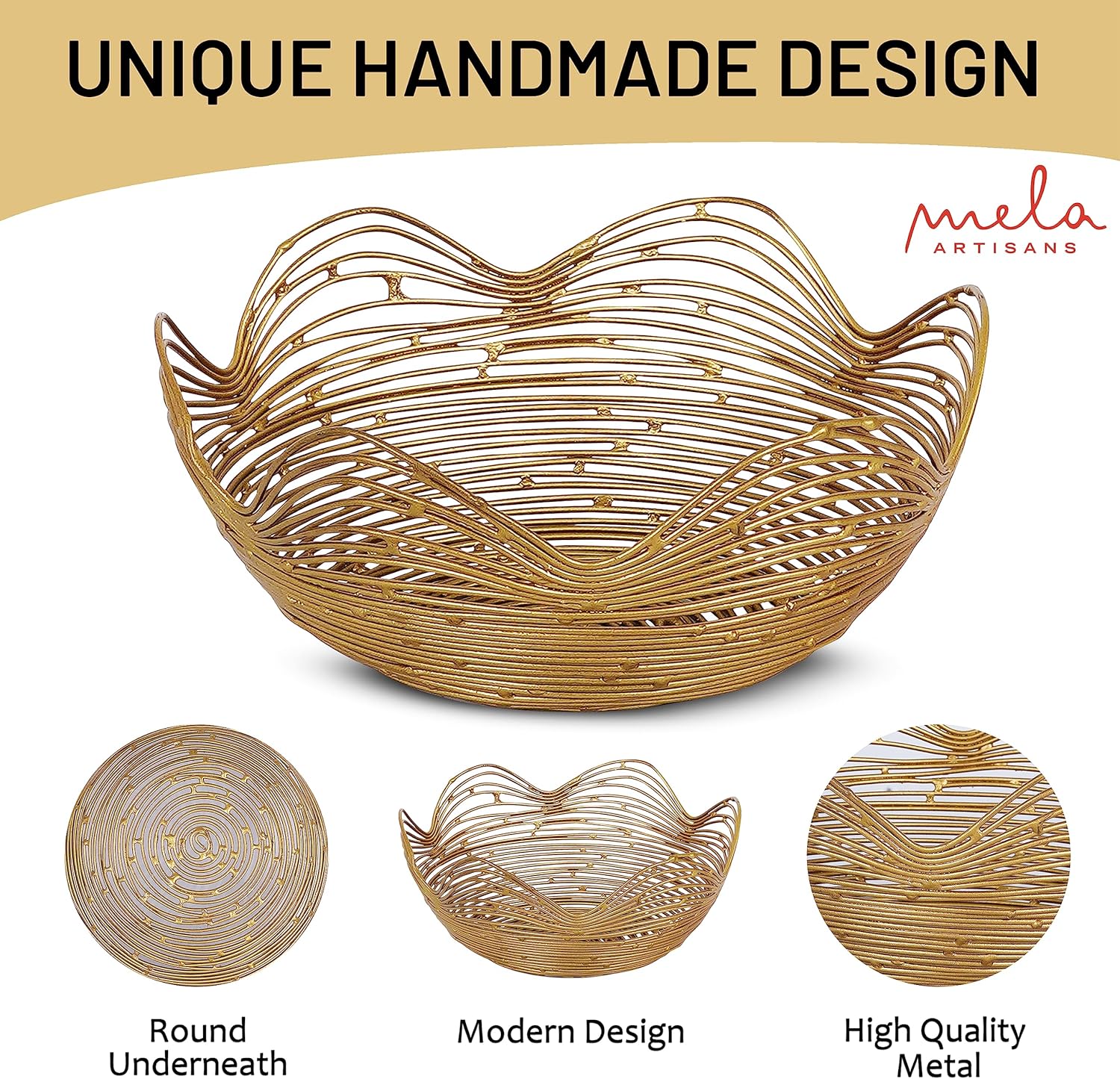 Mela Artisans Cesta de frutas de alambre dorado para encimera de cocina, mediana, diseño de Gurez Valley, cesta redonda decorativa de alambre