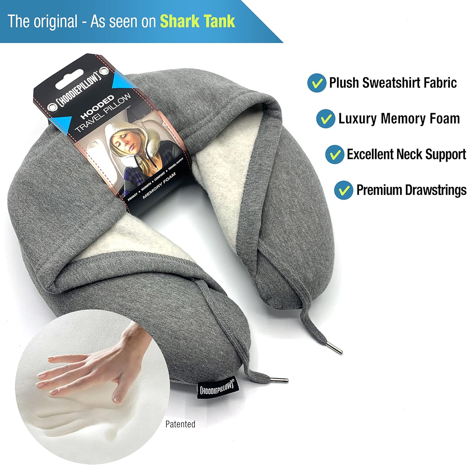 Almohada de viaje gris – Destacada en Shark Tank  Diseño patentado para máxima comodidad