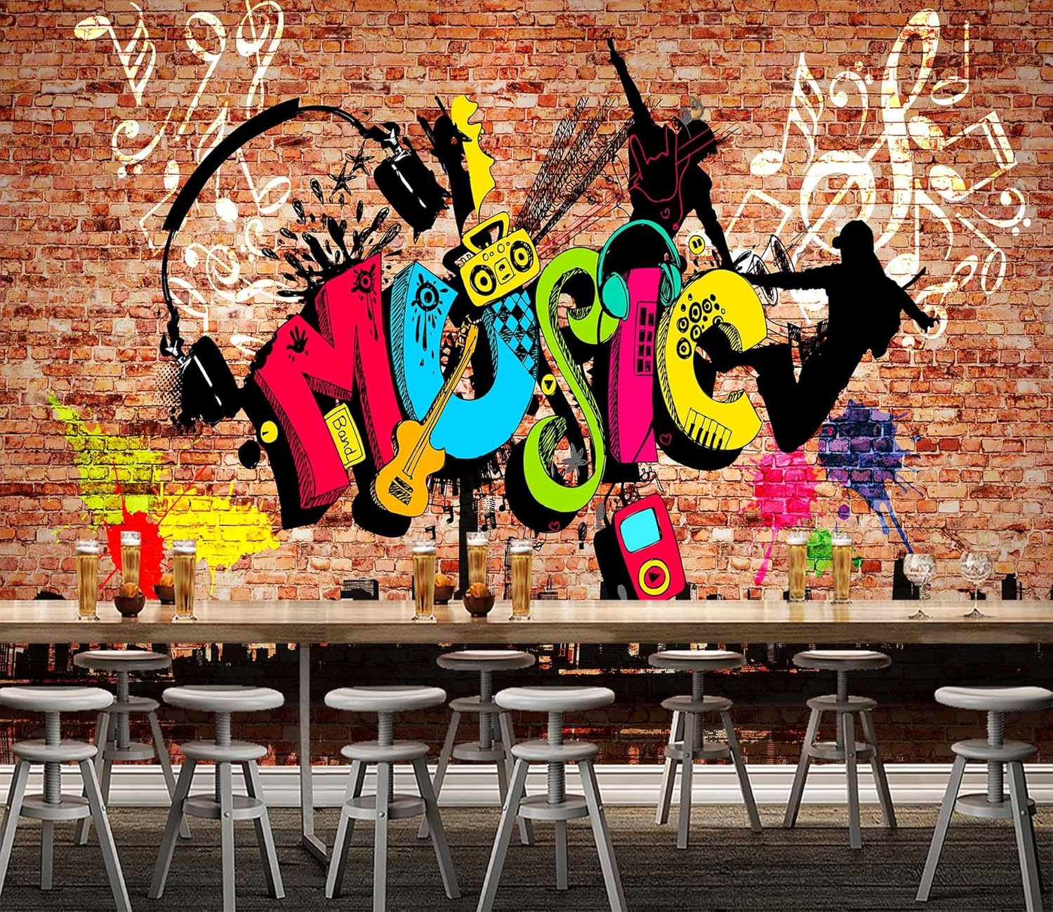 Papel pintado de graffiti musical, pared de ladrillo abstracto de ciudad, murales hip-hop para bar Ktv fondo industrial (no despegar ni pegar)