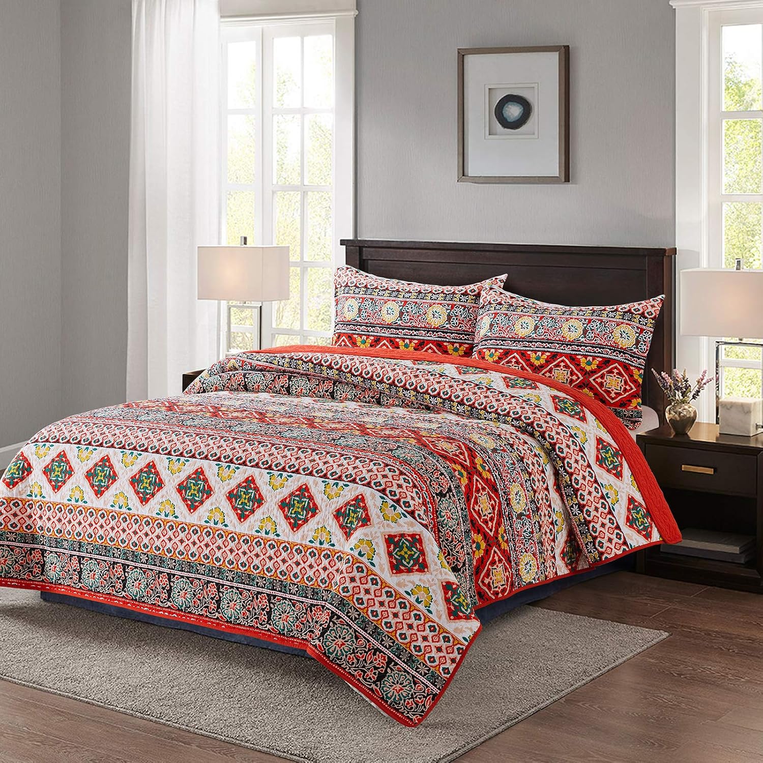 NEWLAKE – Juego de edredón de algodón, juego de cubrecama reversible con diseño de mosaico, patrón bohemio europeo a rayas, tamaño queen