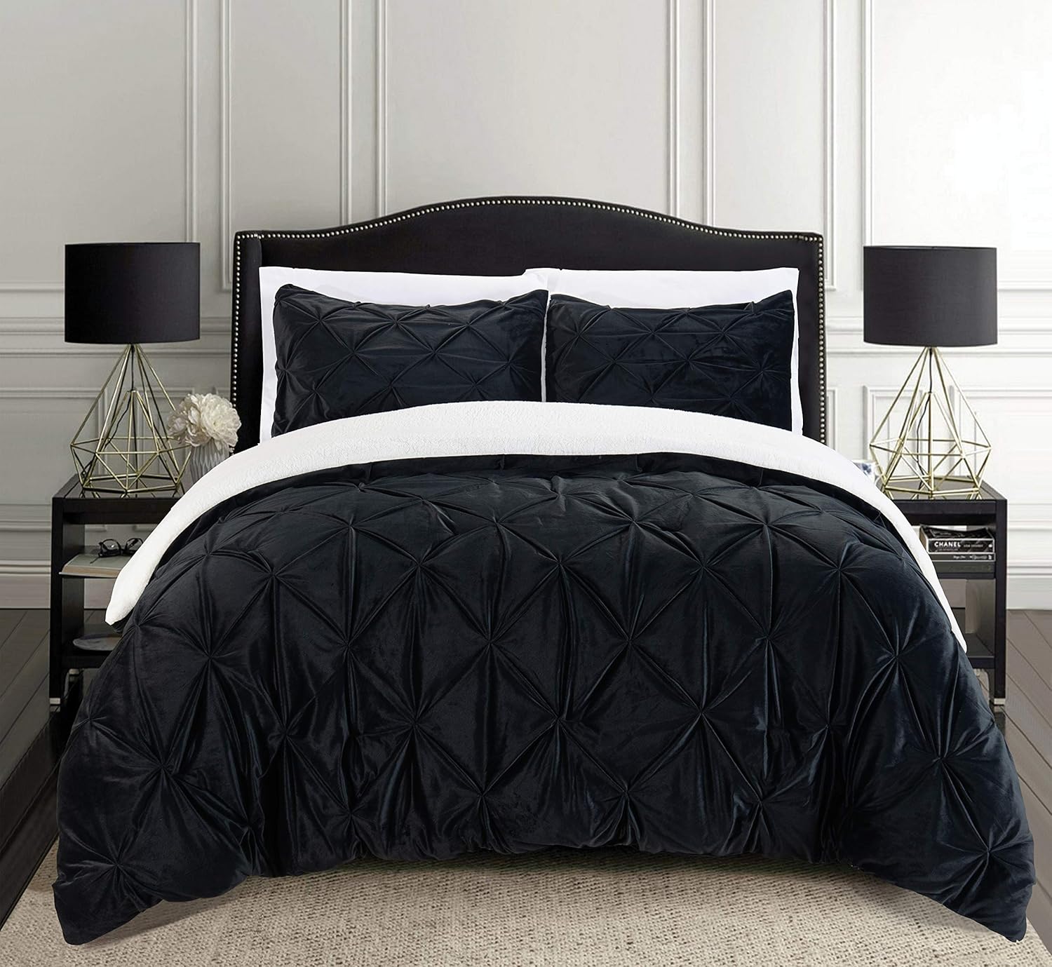 Elegant Comfort Softest – Juego de edredón reversible de 3 piezas de microvisón de microvisón plisado y pellizco, tamaño KingCal King, color negro