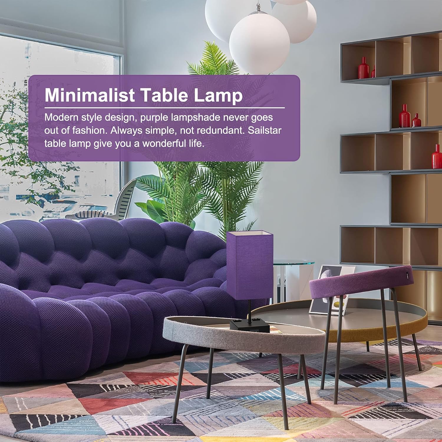 Sailstar Lámparas de noche mejoradas con puertos de carga USB C+A y 2 salidas de CA, lámpara de mesa púrpura para dormitorio, lámpara táctil