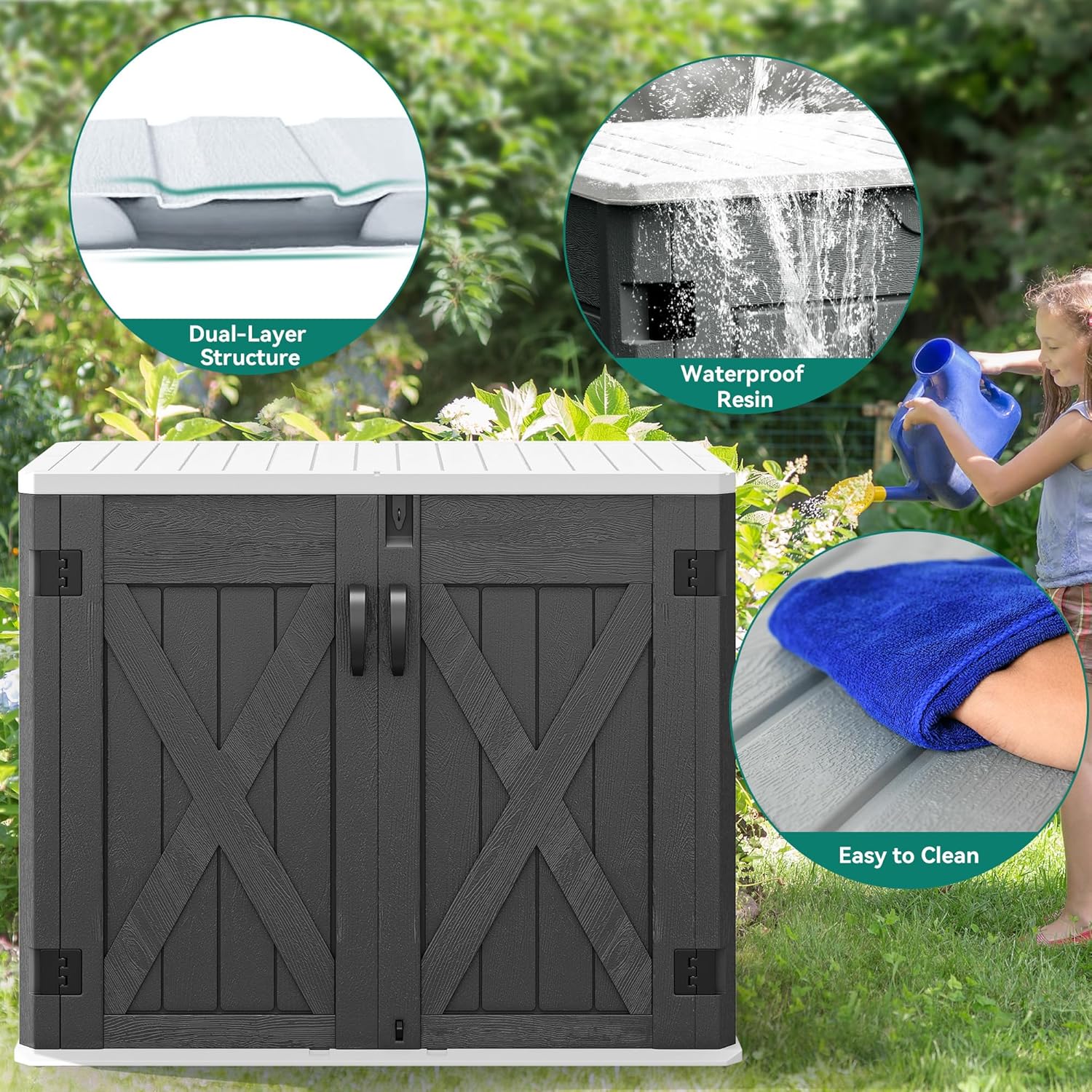 YITAHOME Cobertizo de almacenamiento horizontal para exteriores con puerta con cerradura en forma de X, 35 pies cúbicos de resina resistente a la