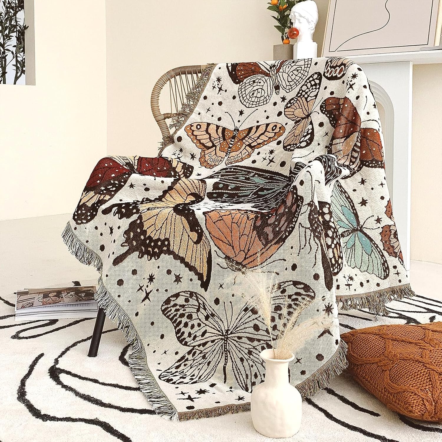 Shesyuki Manta bohemia reversible de algodón, tapiz bohemio hippie para decoración de habitación de doble cara (estampado de polilla de monte 60 x
