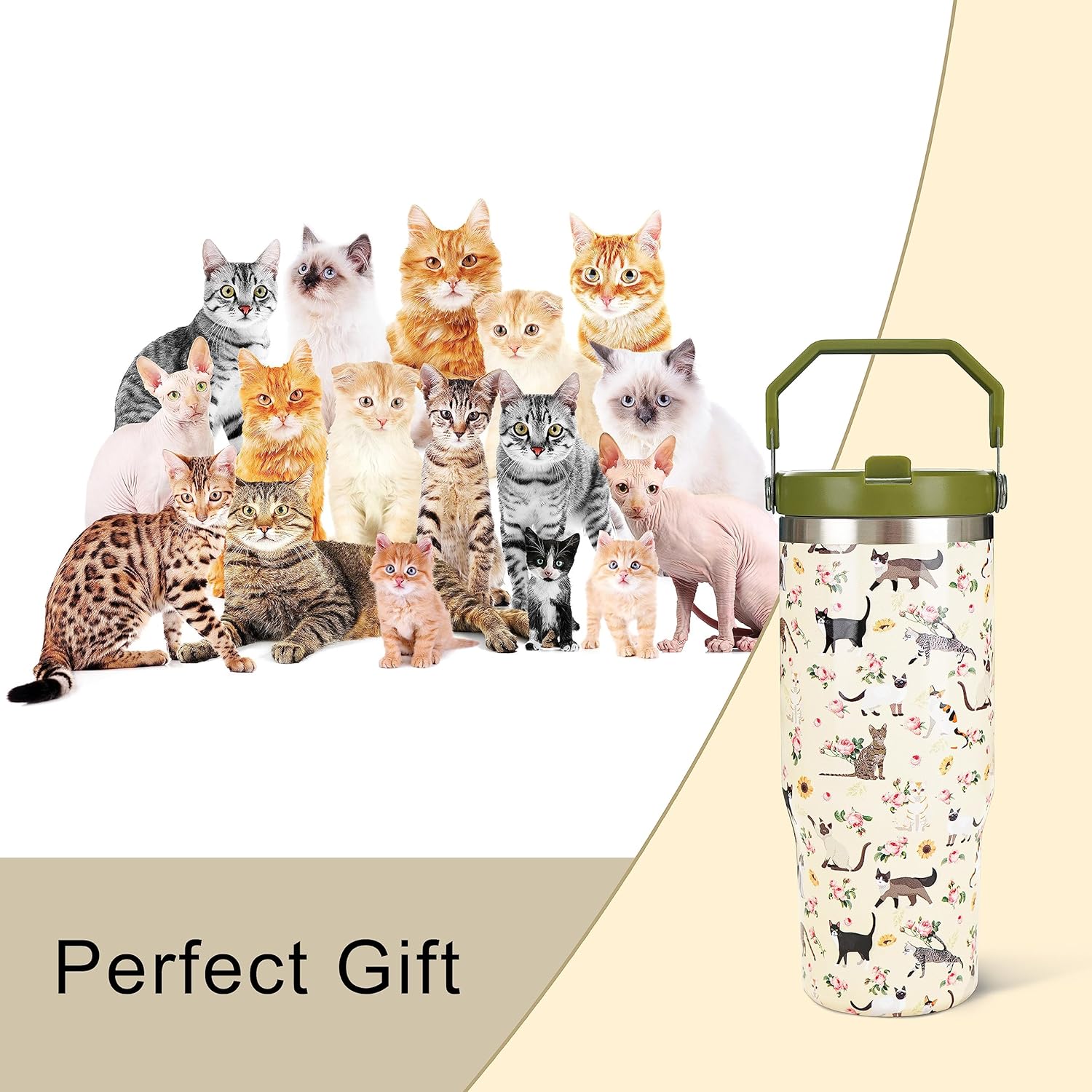 Exacmos Vaso de 30 onzas con diseño floral de gato con asa y pajita, vaso de café aislado al vacío de acero inoxidable, botella de agua de viaje,