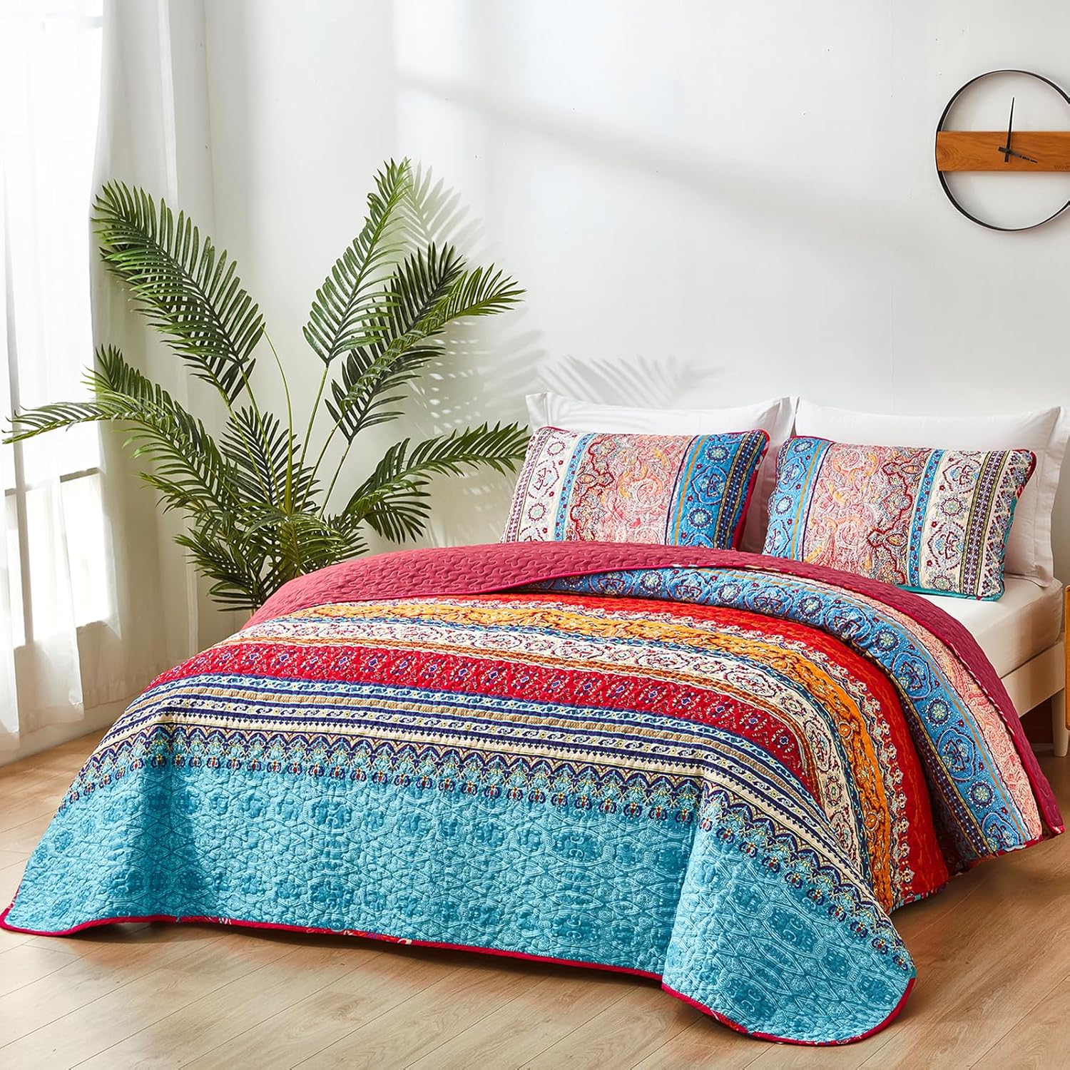 WONGS BEDDING Juego de edredón bohemio tamaño Queen, juego de edredón de 3 piezas de rayas bohemias de Navidad, juego de edredón de microfibra