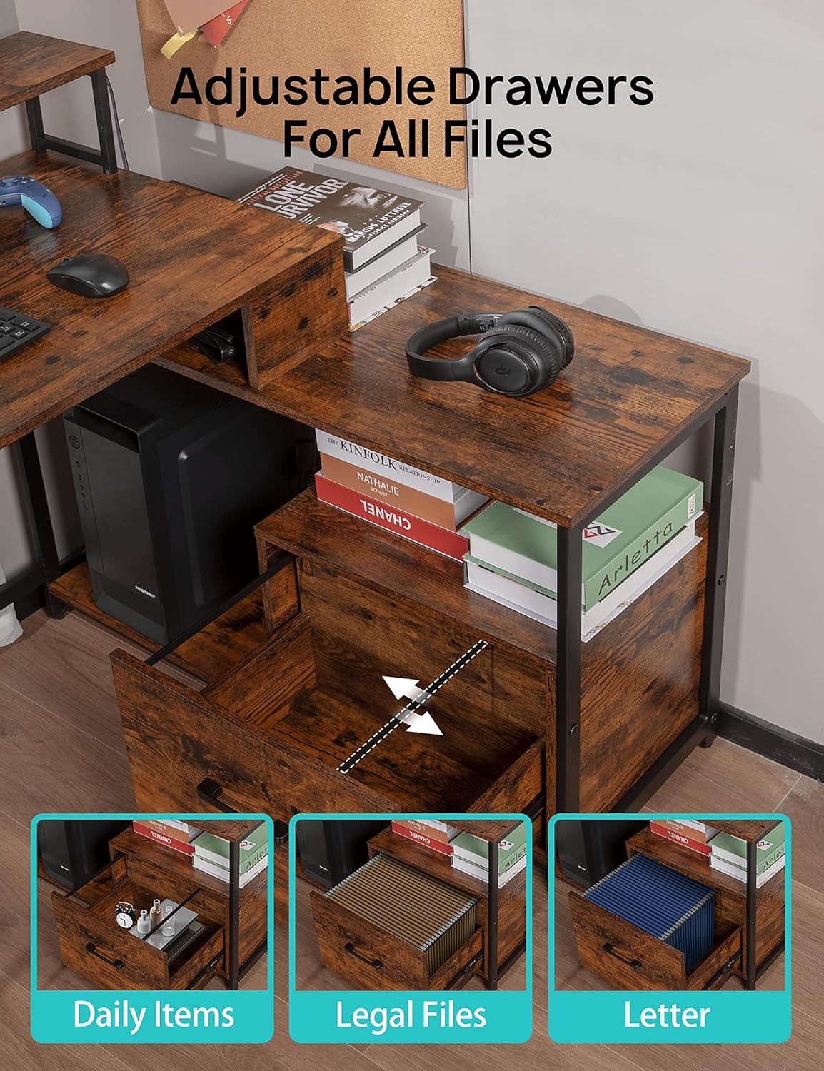 Escritorio ergonómico moderno para computadora con cajón de archivos, escritorio de oficina en forma de L de estilo industrial simple para oficina