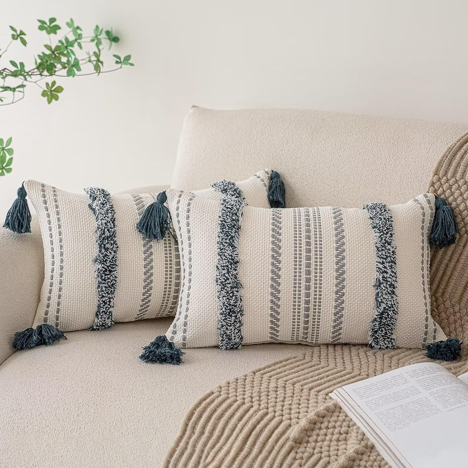Juego de 2 fundas de almohada bohemias de 12 x 20 pulgadas, fundas de almohada tejidas con borlas y rayas texturizadas, fundas de cojín lumbar,