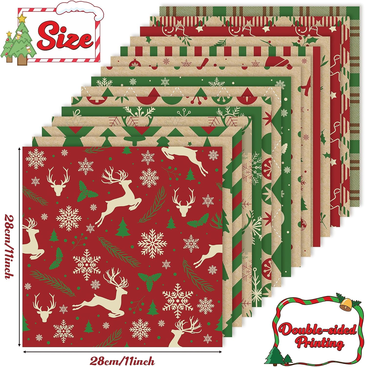 JAPBOR 60 hojas de papel de patrón de Navidad, papel de álbum de recortes de Feliz Navidad, papel de origami de Navidad de doble cara, papel de