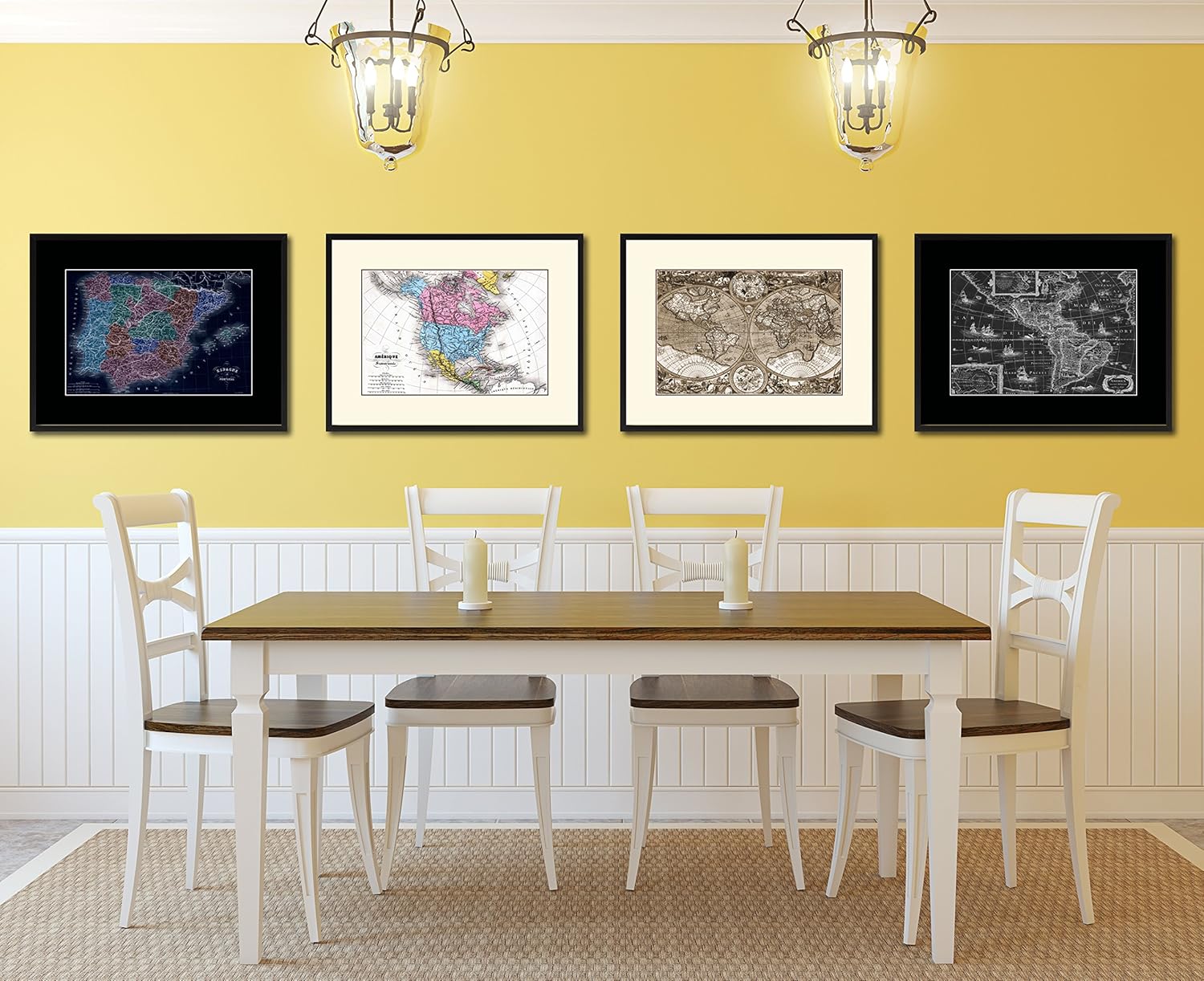 Spain Portugal Old Vivid Color Map 39057 Print on Canvas with Picture Framed Urban Wall Home Décor Interior Bedroom Art Gift Ideas – Black 16″ x 21″
