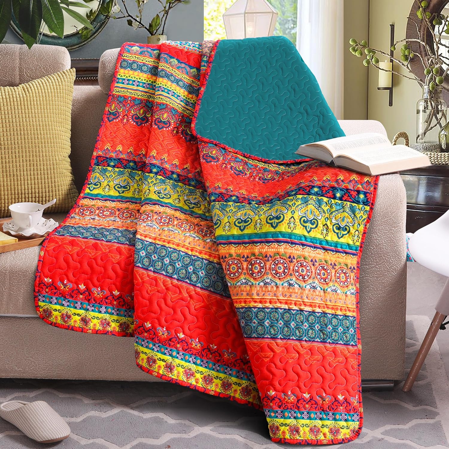 Lujo Reversible 100% algodón clásico Boho a rayas a cuadros Cobija 60 x 50 pulgadas se puede lavar a máquina y secar en secadora, Algodón, Patrón 3,