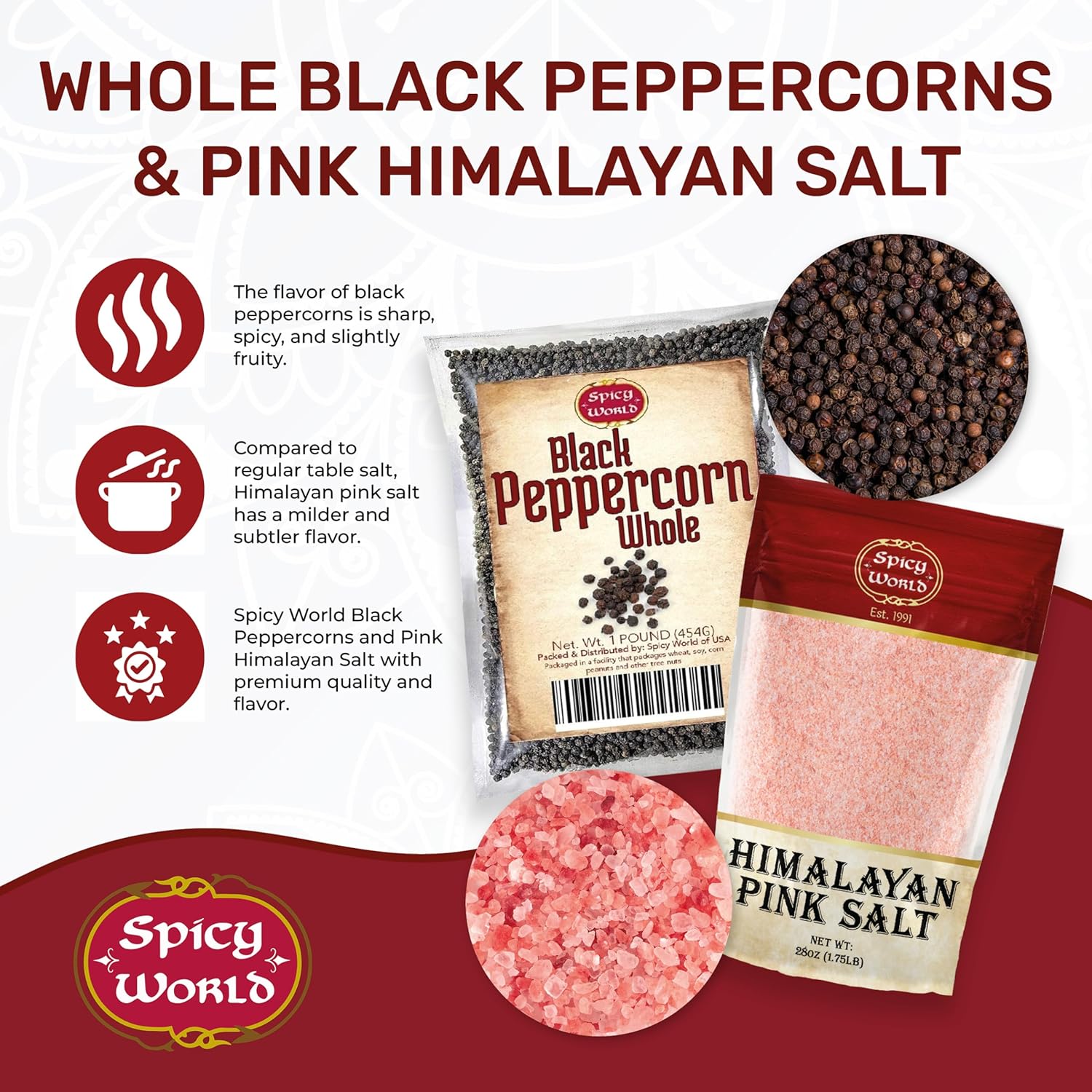Spicy World Granos de pimienta negra entera de 16 onzas + sal rosa del Himalaya fina 1.75 libras (28 onzas)