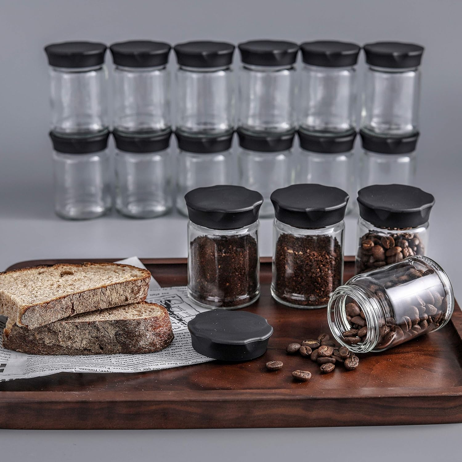 VEVOK CHEF Mini tarros de vidrio con tapas negras, 4 piezas de almacenamiento de alimentos, recipiente de cocina, recipiente pequeño para café, té,