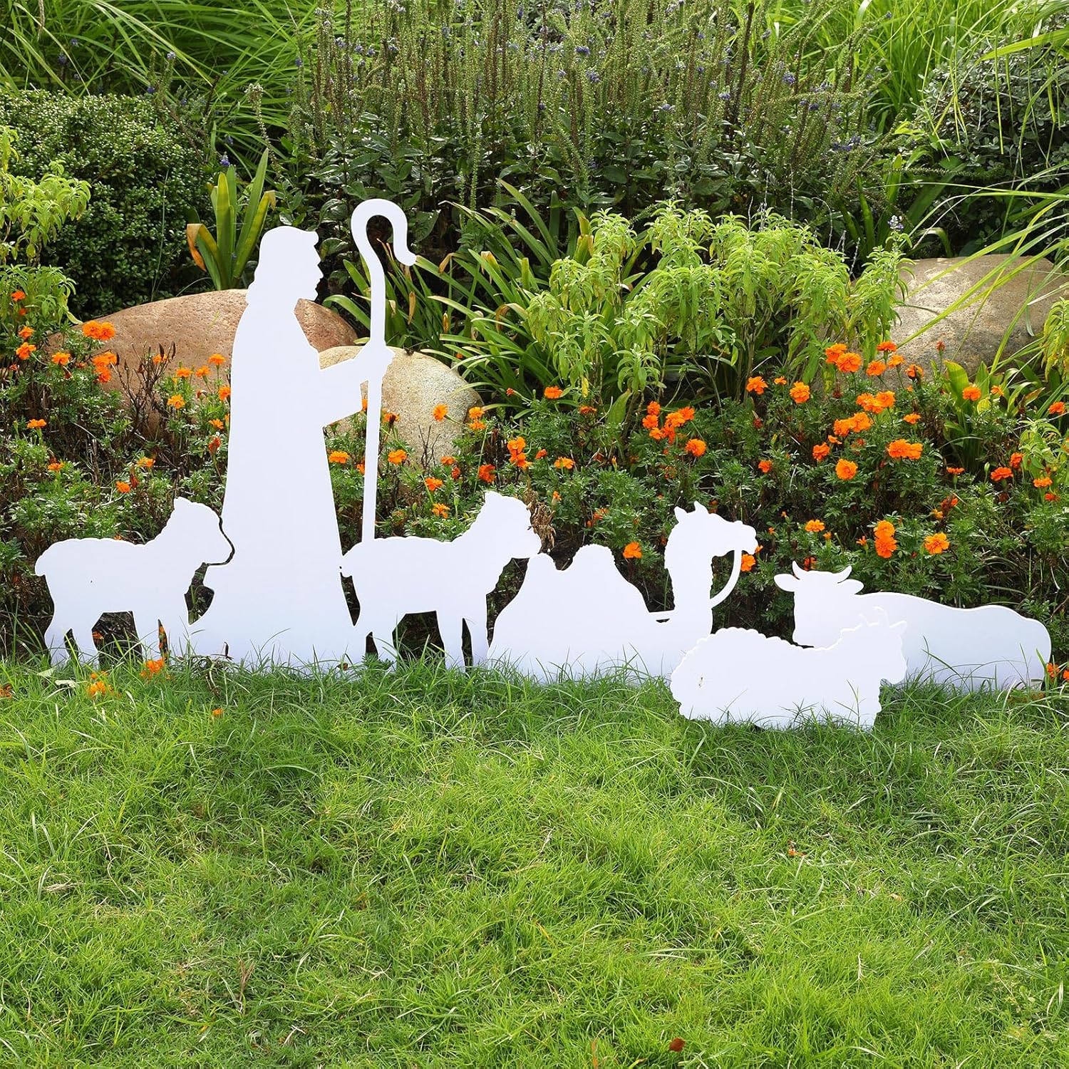 Zonon 4 piezas de Belén al aire libre para patio, resistente a la intemperie, juegos de pesebre con ovejas, camello buey para Navidad, decoración al