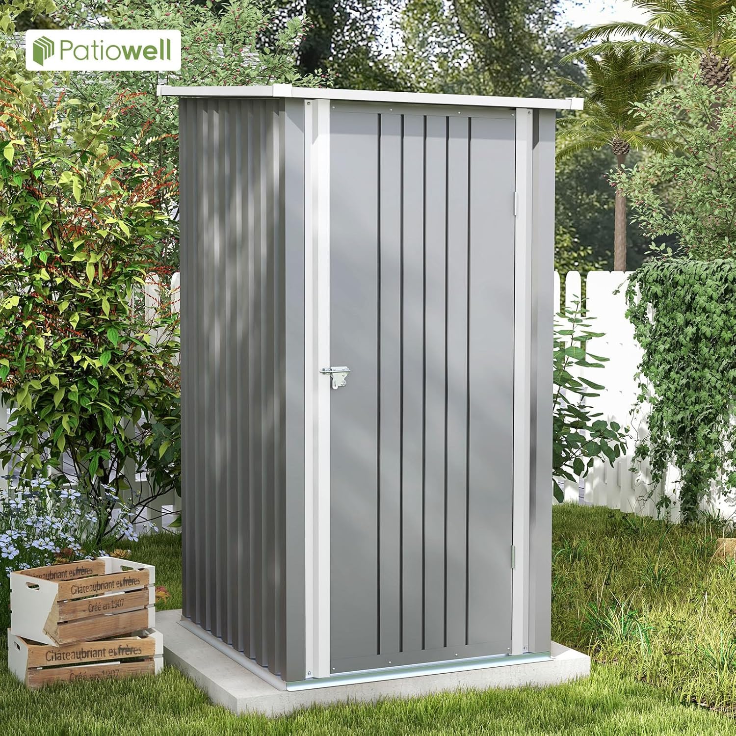 Patiowell Cobertizo de almacenamiento al aire libre de 3 x 3 pies, pequeño cobertizo de almacenamiento de herramientas de jardín con techo inclinado