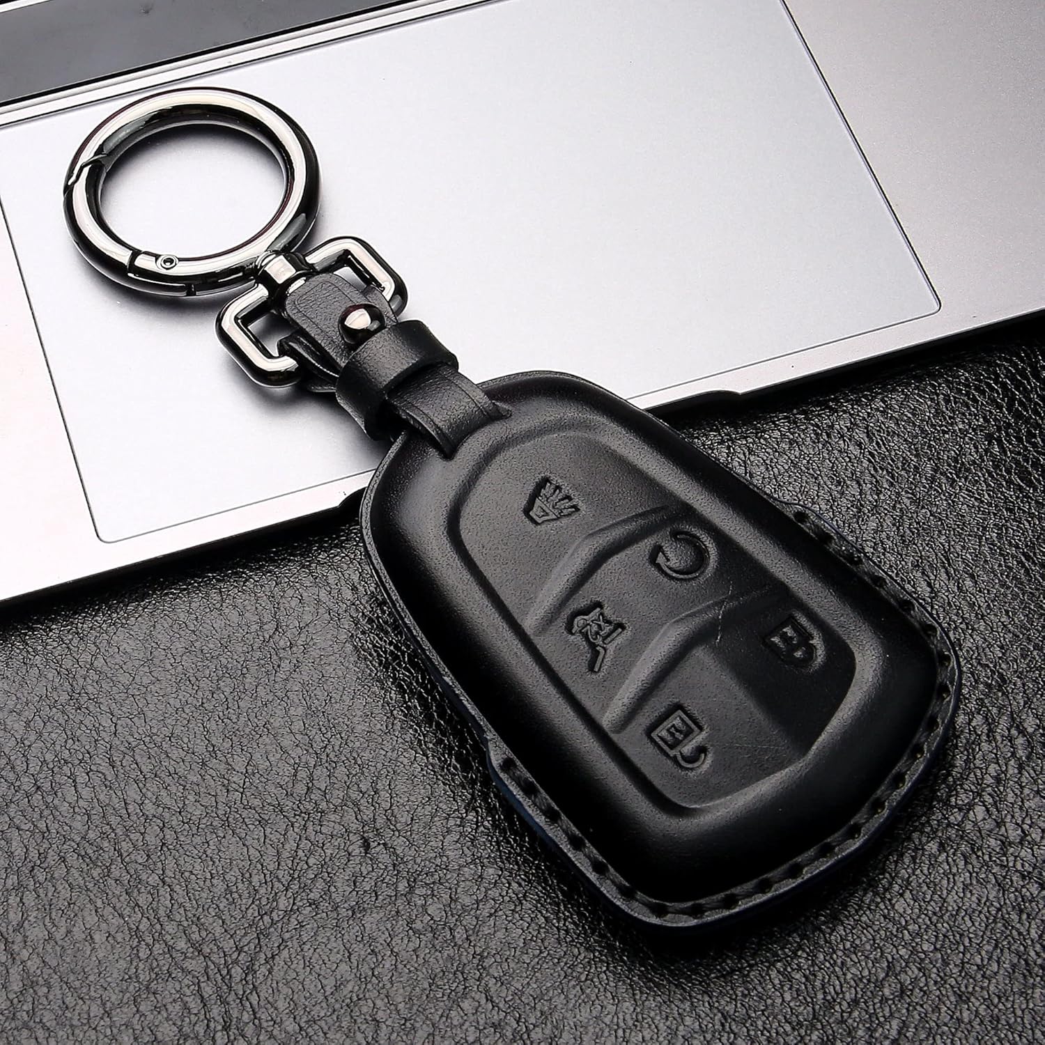 Tukellen Funda de cuero para llavero Cadillac con llavero de cuero, protección completa de 360 grados, compatible con Cadillac Escalade CTS SRX XT5