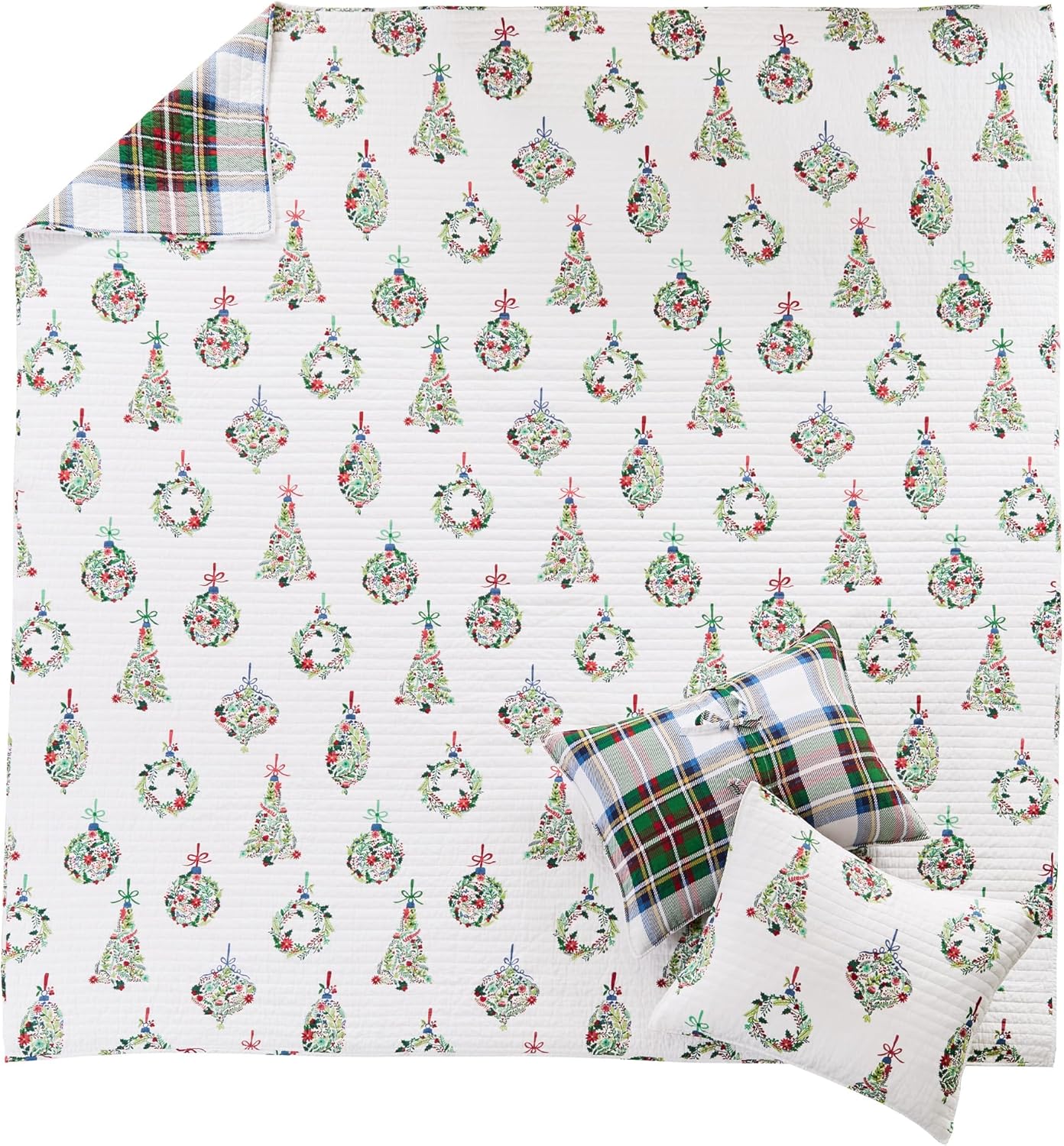 Levtex Home – Juego de edredón festivo de adornos – Edredón navideño matrimonialQueen de 88 x 92 pulgadas y dos fundas estándar de 20 x 26 pulgadas