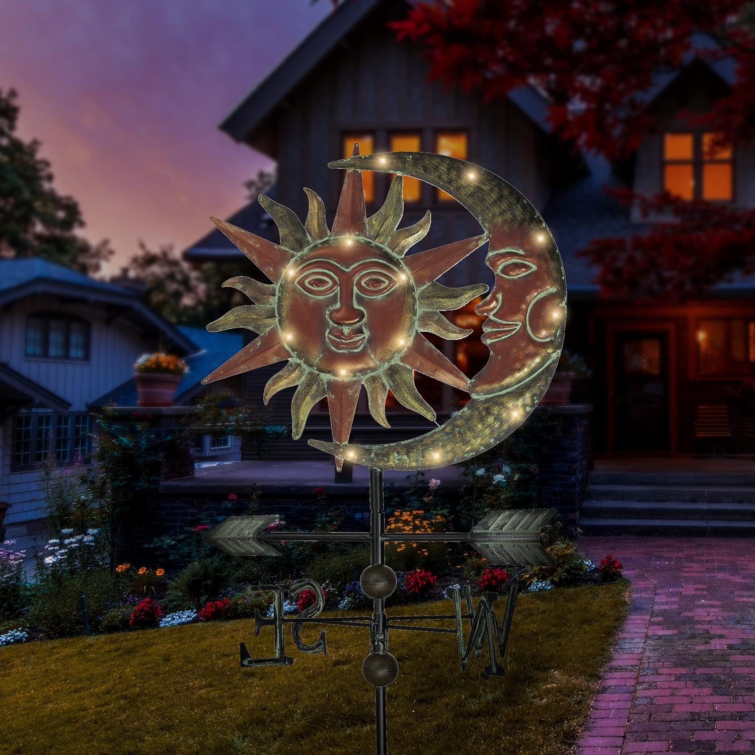 TERESA’S COLLECTIONS Luces solares de 39.9 pulgadas con cara de sol y luna para exteriores, estaca decorativa de metal, decoración de jardín para