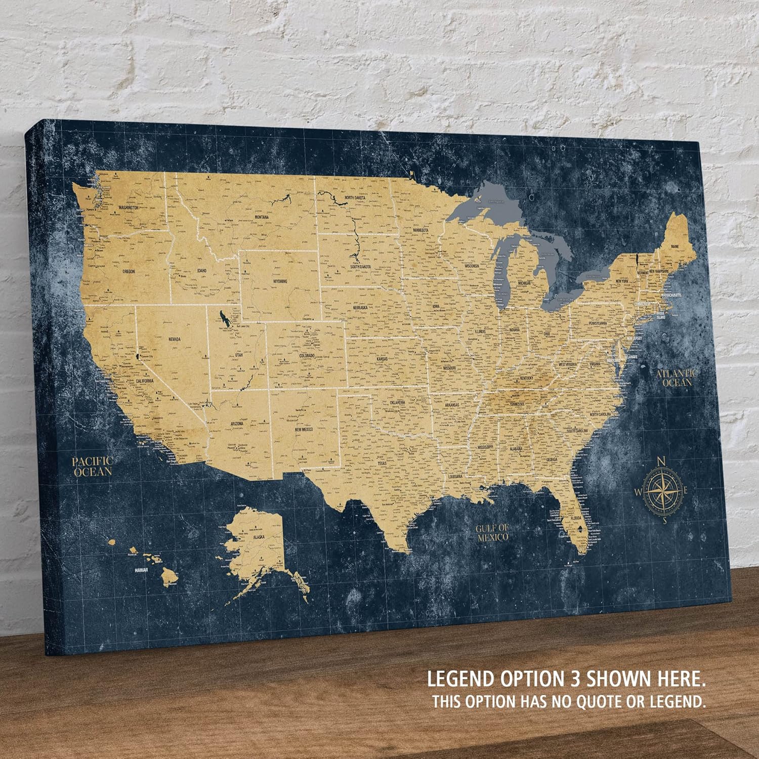 Holy Cow Canvas Personalized Gold & Navy Textured Push Pin Map United States on Canvas, US Travel Map with Pins to Mark Travels, USA Map Pin Board,