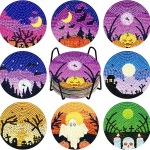 NAIMOER 8 posavasos de pintura de diamantes de Halloween, posavasos de bricolaje con diseño de calavera y diamantes para adultos y niños, posavasos NAIMOER 8 posavasos de pintura de diamantes de Halloween, posavasos de bricolaje con diseño de calavera y diamantes para adultos y niños, posavasos