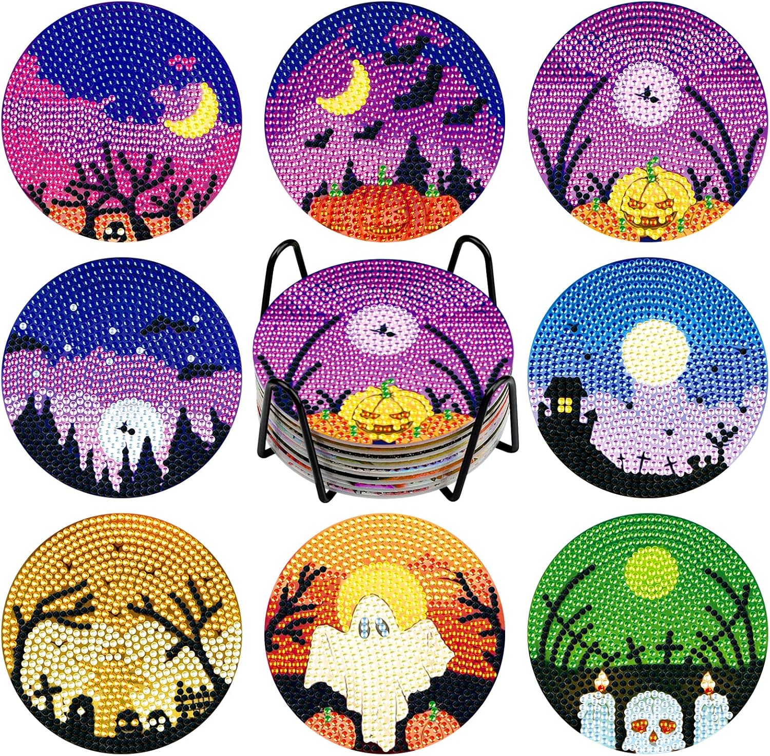 NAIMOER 8 posavasos de pintura de diamantes de Halloween, posavasos de bricolaje con diseño de calavera y diamantes para adultos y niños, posavasos