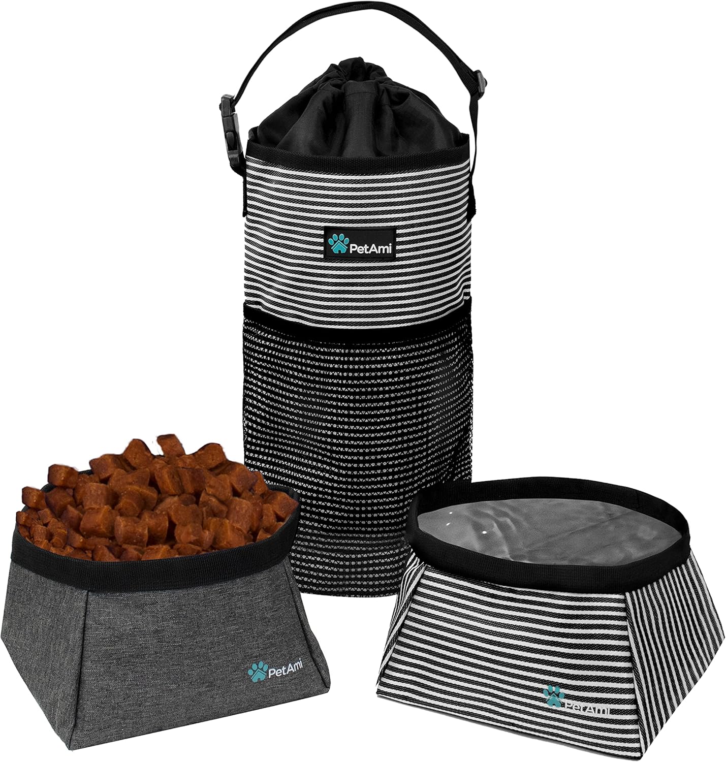 PetAmi Bolsa de viaje de comida para perros  Transportador de croquetas para perros con kit de cuencos de agua plegables para perros  Almacenamiento