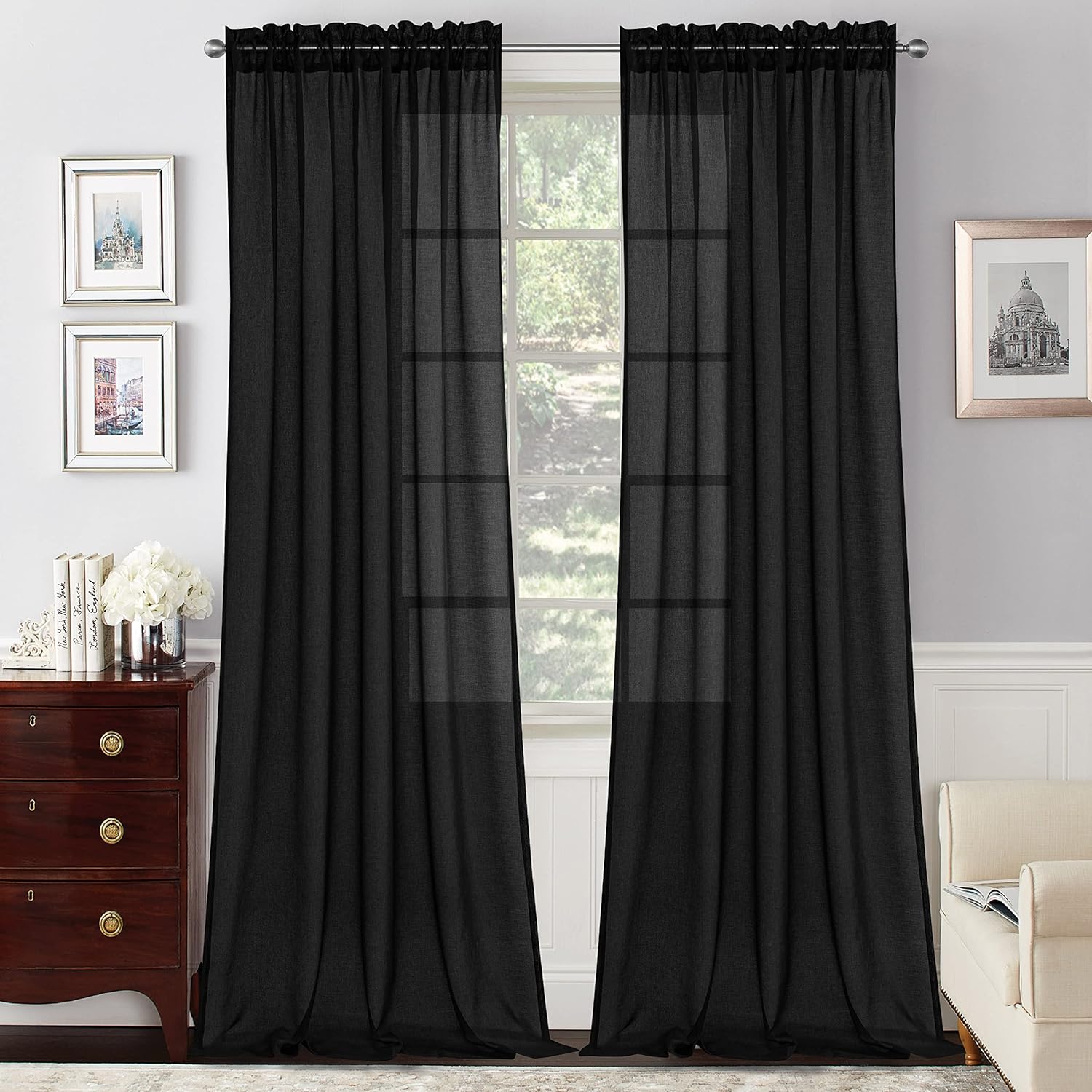 HIGHSEASON Cortinas traslúcidas negras de 63 pulgadas de largo, con bolsillo para barra de cortina, cortinas para sala de estardormitorio (negro,