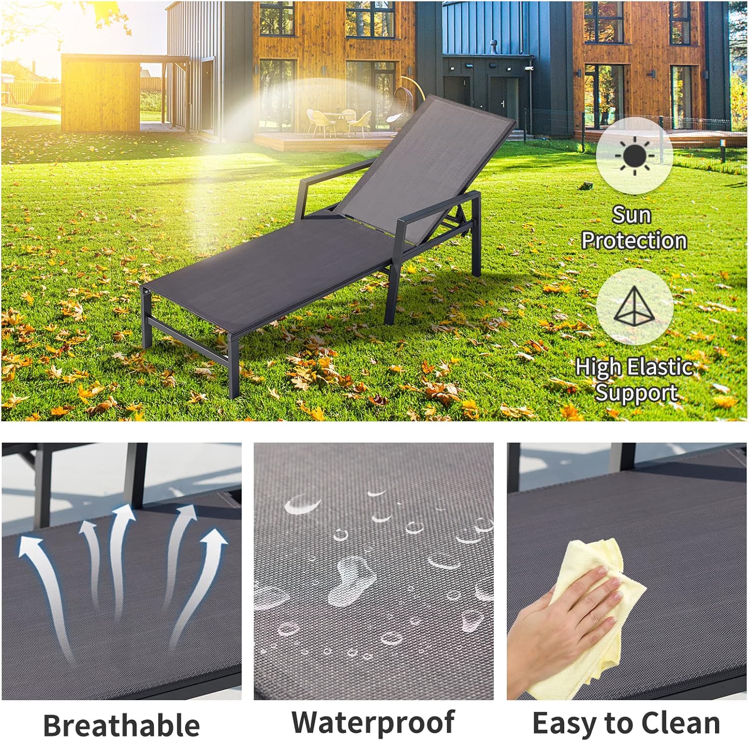 Juego de 2 tumbonas ajustables de aluminio para patio, reposabrazos con respaldo de 5 posiciones ajustables, silla reclinable para piscina,